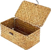 Vista 17 de Hipiwe Cestas de Mimbre para Estantes con Tapa, Cestas de Almacenamiento de Hierba Marina Tejidas a Mano, Cestas Rectangulares para el Hogar, Cajas