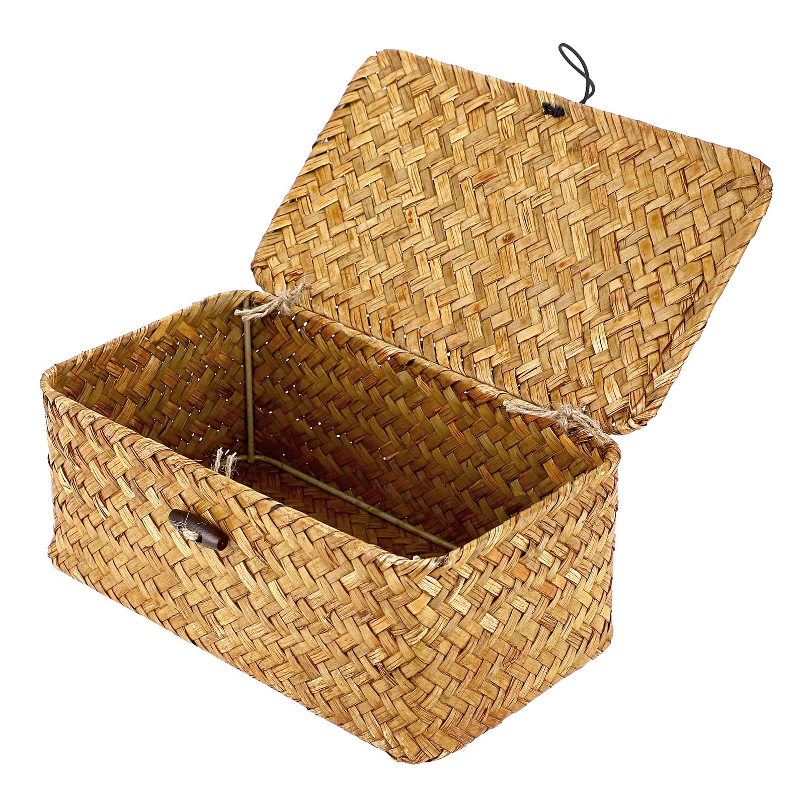 Hipiwe Wicker Shelf Baskets Bin with Lid, Handwoven Seagrass Basket Storage Bins Rectangular Household Basket Boxes for Shelf Wardrobe Home Organizer, Caramel X-Small