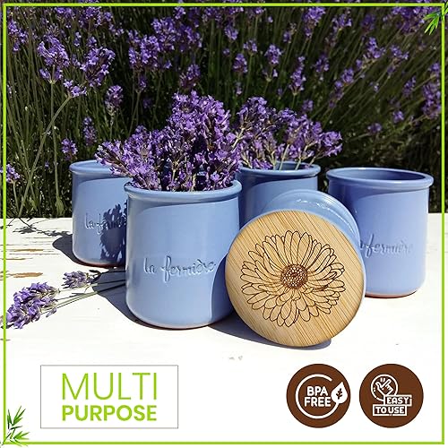 Miniatura 6 de Tapas de Bambú para Frascos de Yogur La Fermiere  Paquete de 4 Diseño de Flores Aster  Tapas de Bambú con Grabado Floral para Frascos de Cerámica de