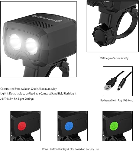 Vista 3 de Wakeman Outdoors - Faro delantero LED para bicicleta, luz frontal para bicicleta, lámpara de manillar recargable por USB, movilidad de 360°