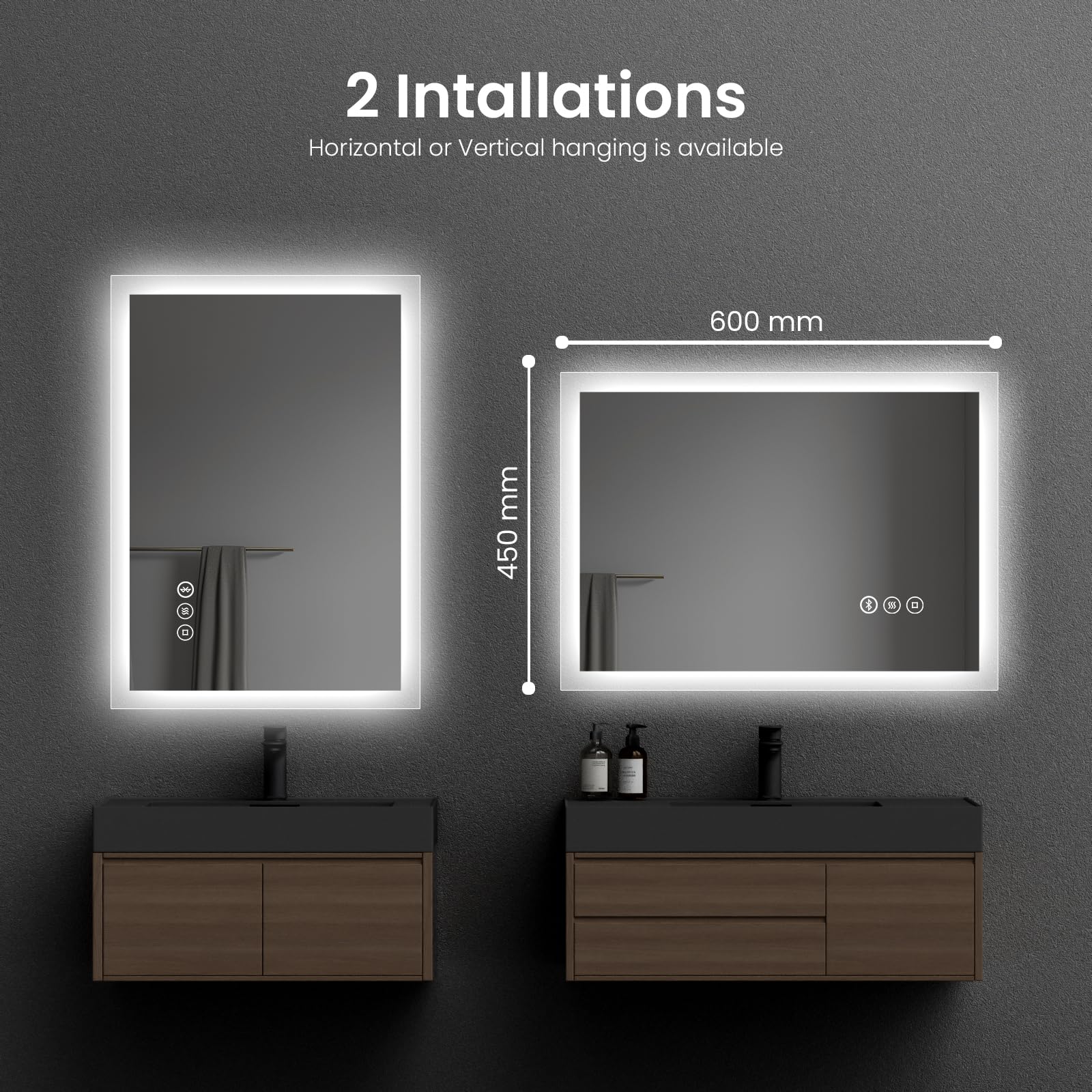 EMKE Espejo de baño Bluetooth con Enchufe para afeitadora, 450 x 600 mm, Espejo de baño Iluminado con Ambiente Azul con 3 Tonos de Color, Regulable, función de Memoria, antivaho montado en la Pared
