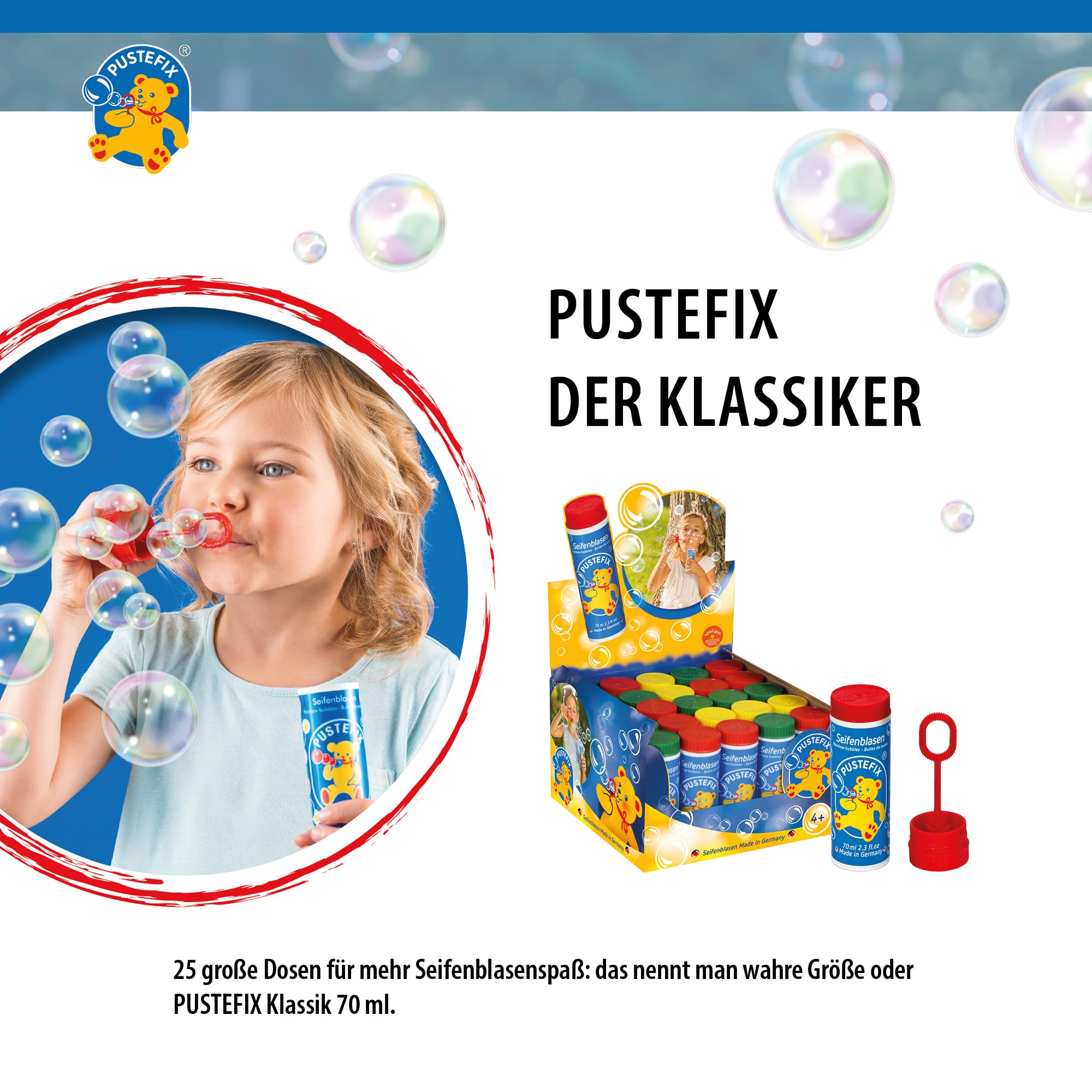PUSTEFIX Seifenblasen Set I 25er Großpackung I Bunte Bubbles Made in Germany I Seifenblasen für Hochzeit, Kindergeburtstag, Standesamt, Polterabend I 25 x 70 ml Vorteilspack für Kinder & Erwachsene