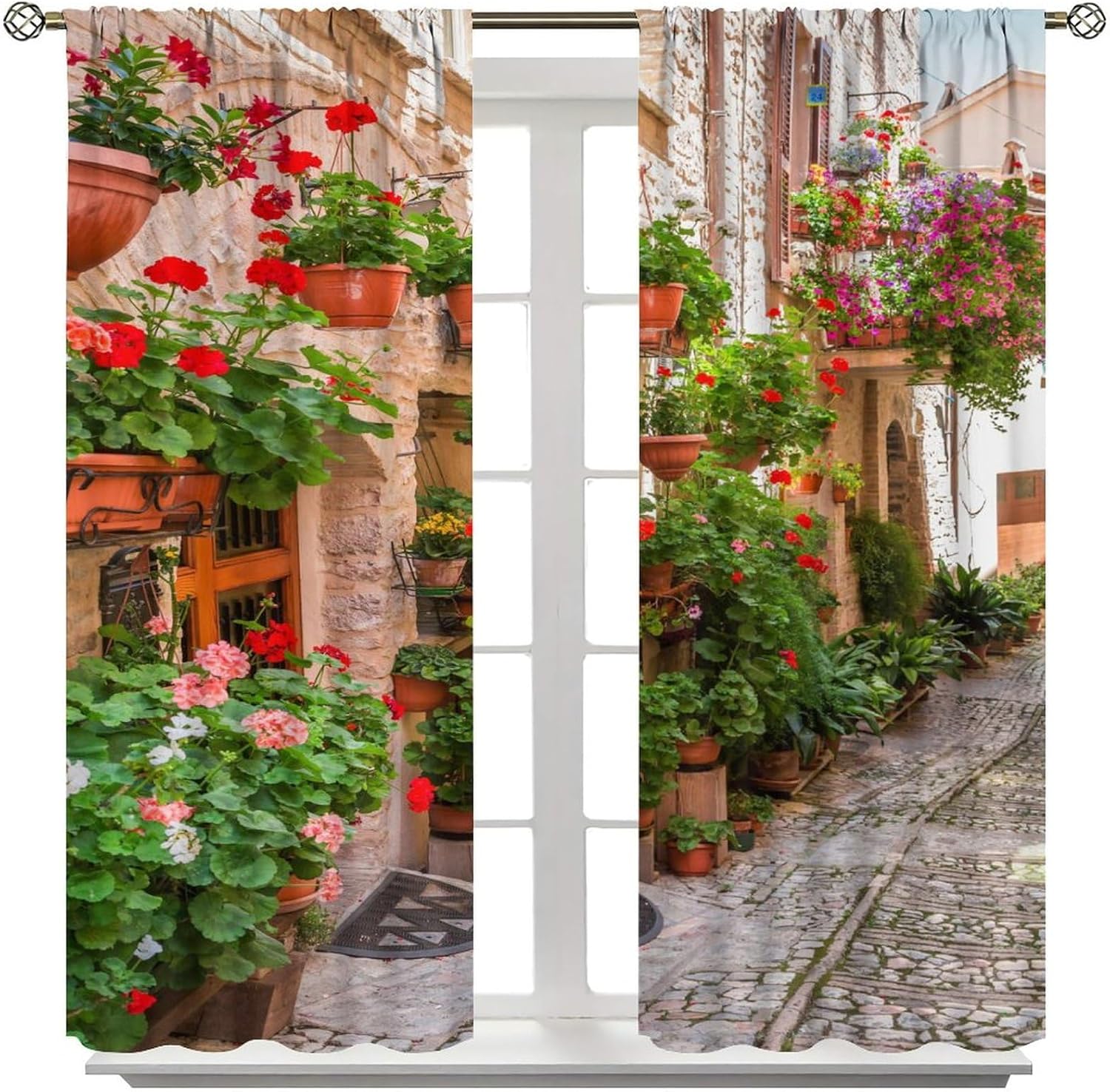 Italian Blackout Curtain,Romantic Flowers Street Rod Pocket Window Curtains,Small Town with Floral Porches Background Window Drapes for Woman Girl Bedroom Living Room Kitchen Office Decor 52x84 Inch