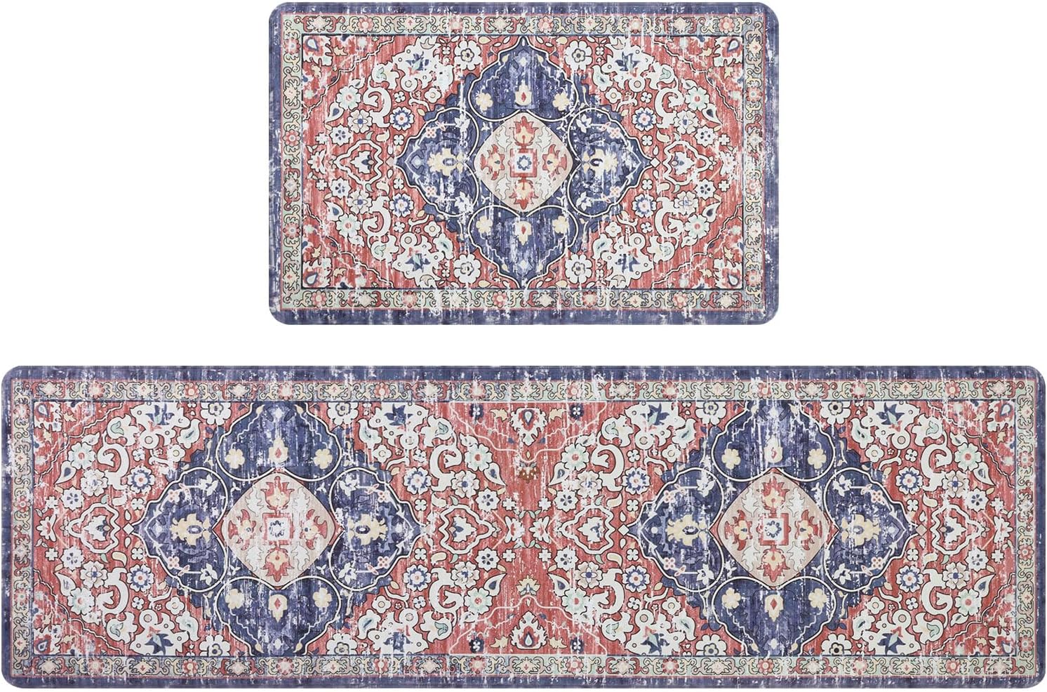 Ileading Large Kitchen Anti Fatigue Mat Set of 2 Non Skid Waterproof Kitchen Floor Mats Vintage Cushioned Comfort Standing Mat Boho Kitchen Rug Runner for Sink Laundry, 17"x59"+17"x28", Blue&Red