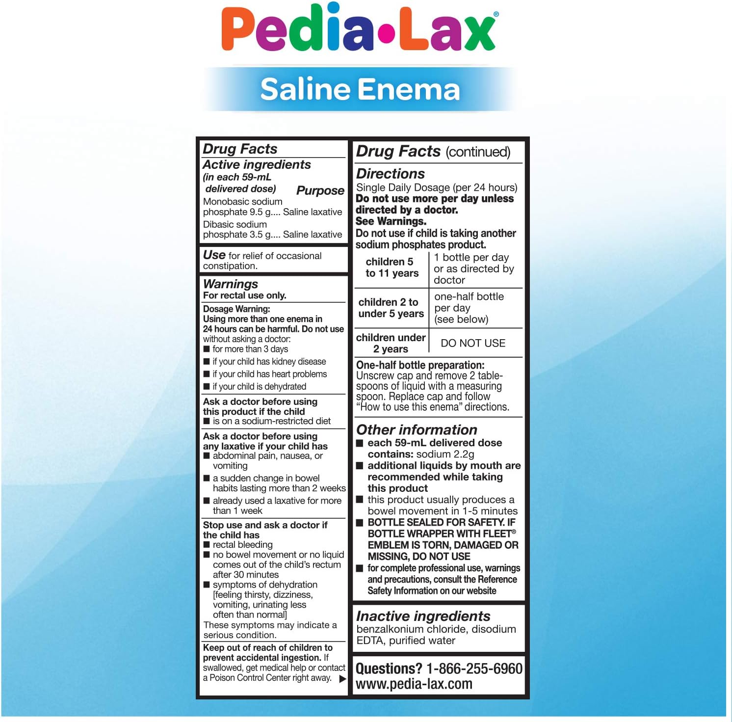 Pedia-Lax Saline Enema Laxative for Kids, Gentle Constipation Relief for Children Ages 2-11, 2.25 Fl Oz, Pack of 24