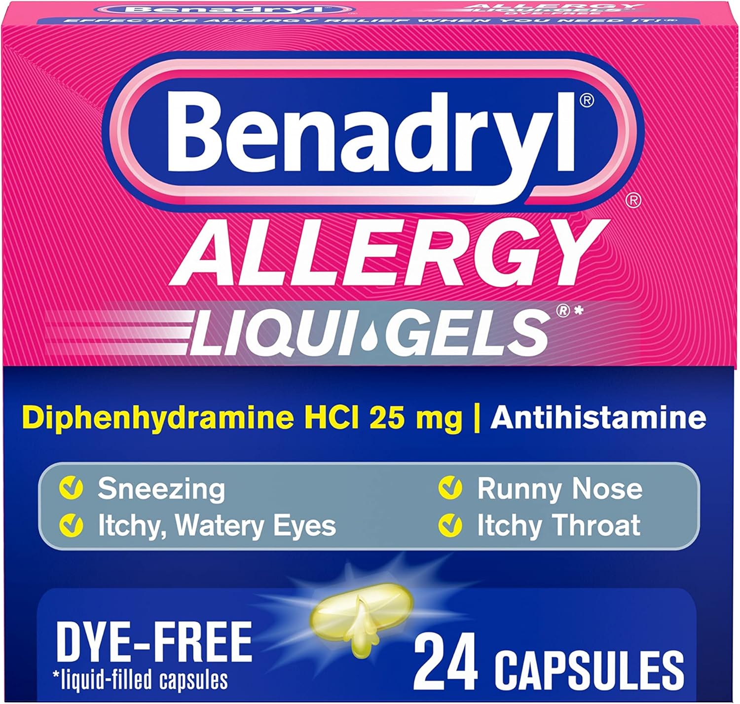 Benadryl Liqui-Gels Antihistamine Allergy Medicine &amp; Cold Relief, Dye Free, 24 ct