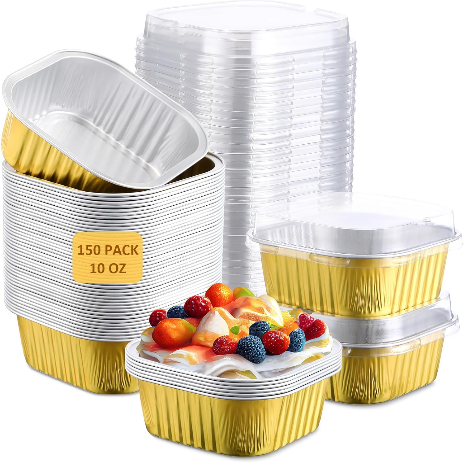 Aoriher 150 Pieces 10 oz Mini Cake Pans with Lids Aluminum Foil Baking Cups Square Disposable 4" x 4" Large Cupcake Cups Baking Tins for Kitchen Brownie Pudding Desserts Holders(Gold, Silver)