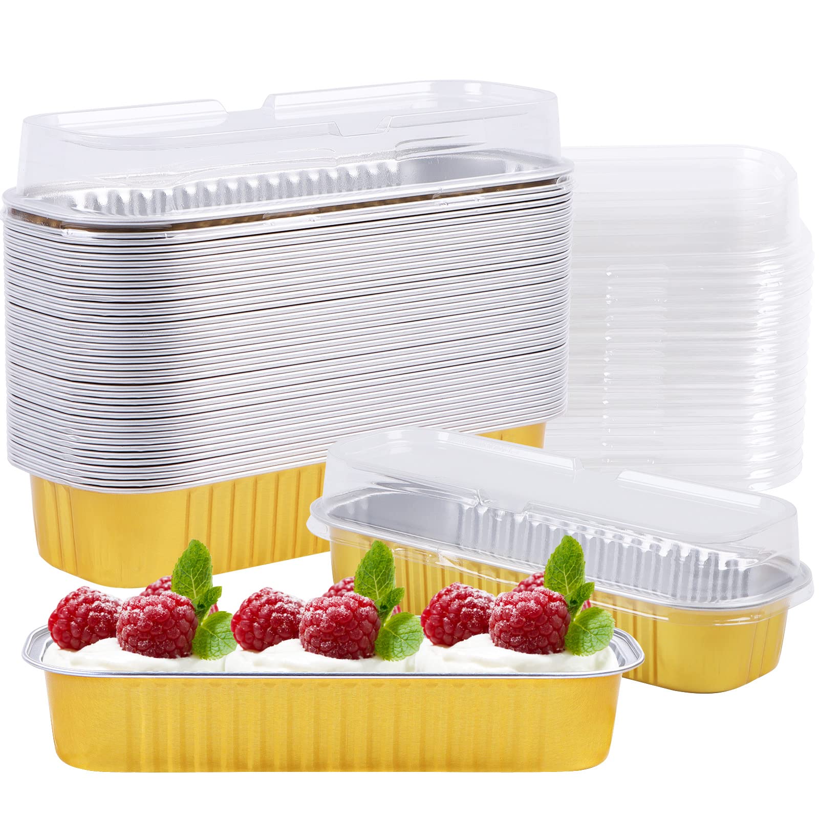 AOBOPLE Mini Loaf Pans with Lids, 100 Pack Aluminum Foil Mini Loaf Pans 7oz Disposable Rectangle Mini Aluminum Foil Cake Pans Tins for Brownie Cake Bread Cheesecake - 6.5 x 2.5 x 2