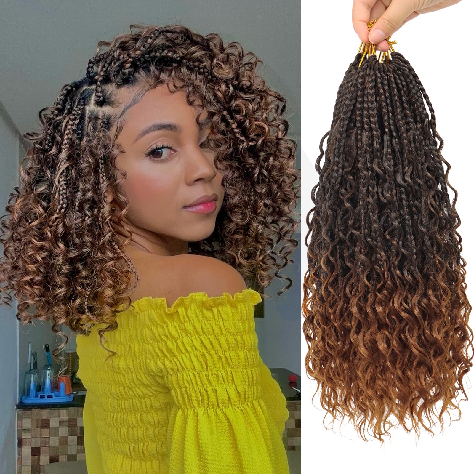 Eeanno Goddess Box Braids Crochet Hair 14 Inch 7 Packs Black Brown Pre Looped Boho Crochet Braids with Curly Ends for Black Women, T1B/30