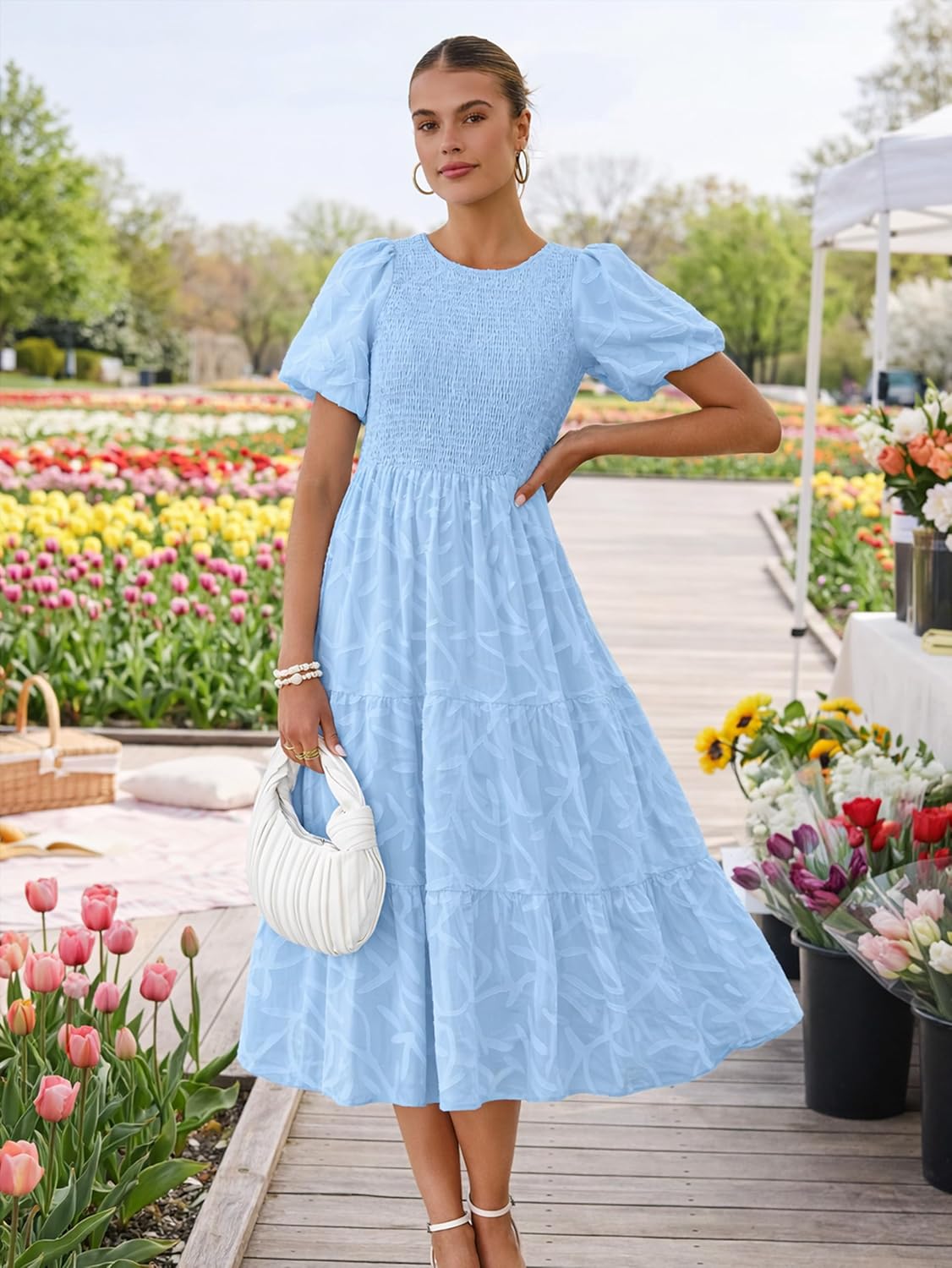BerryGo Womens Summer Chiffon Midi Dress Short Sleeve Flowy Smocked Crewneck A Line Tiered Wedding Guest Dresses 2026 - Image 3