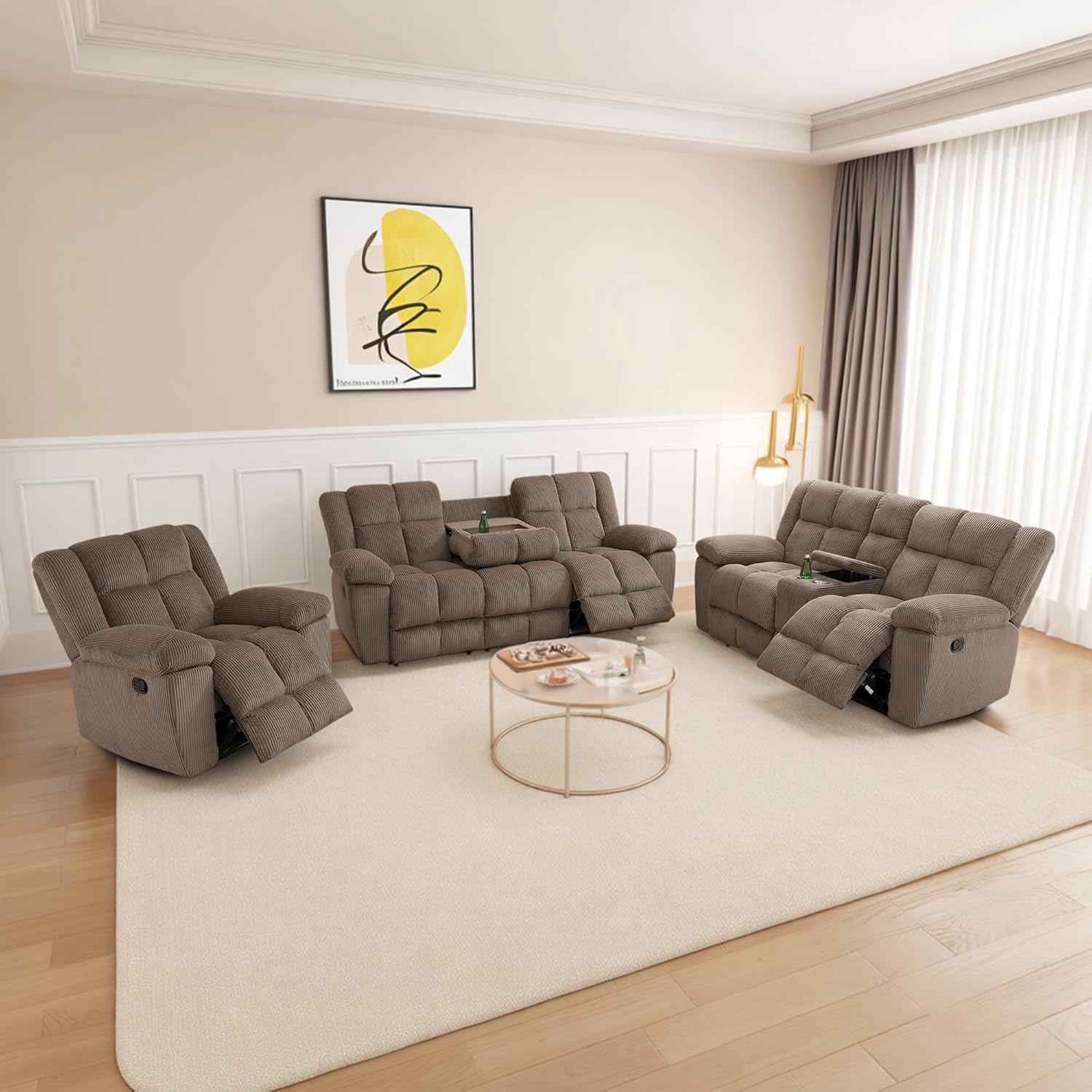 Corduroy Fabric Recliner Sofa Set, 3 Piece Living Room Furniture Set, Manual Reclining Sofa Loveseat Chair Set with Cup Holders/Storage/Drop Down Table (Green, Sofa+Two Cahirs)