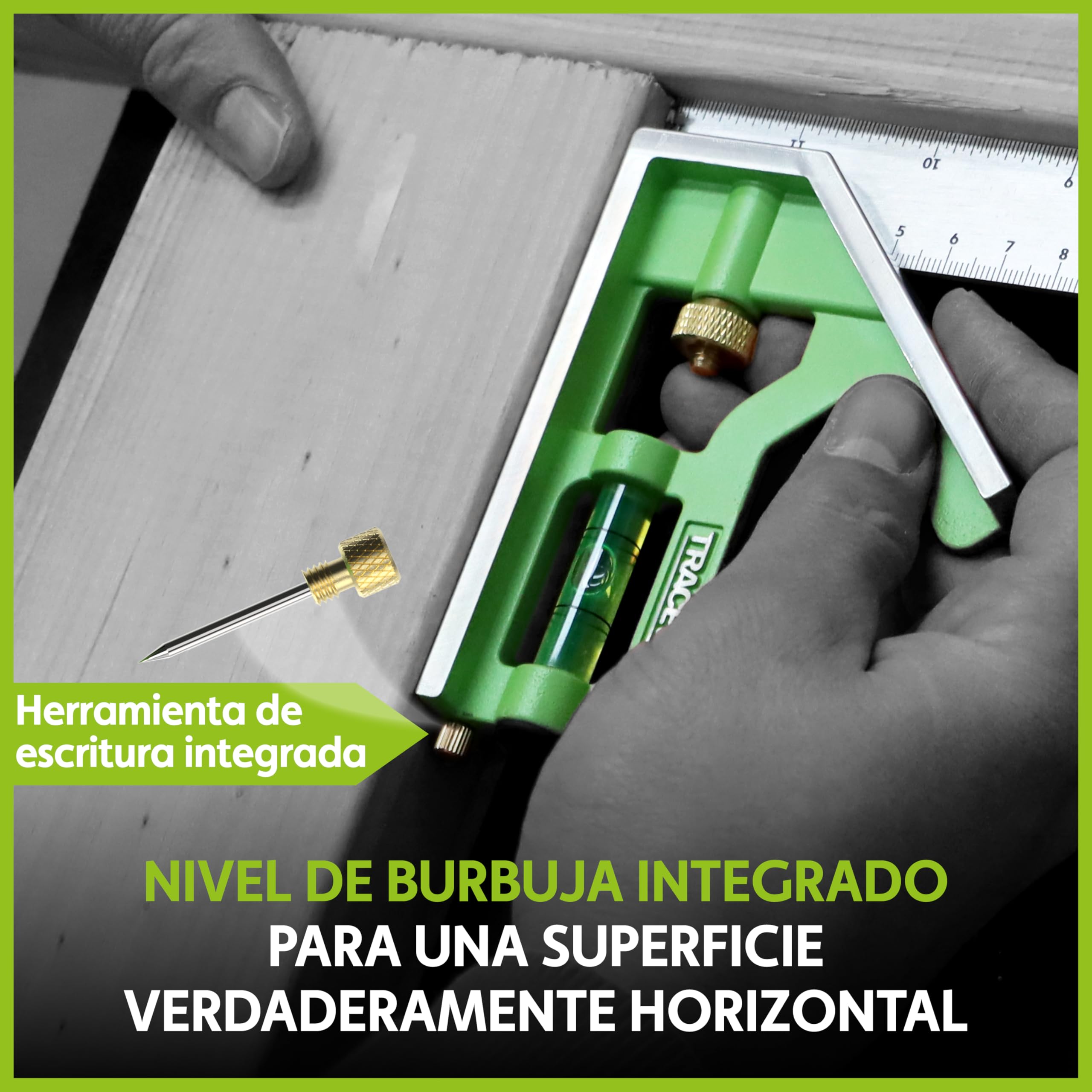 TRACER Combinación cuadrada de 300 mm. Herramienta de medición de 45/90 grados con nivel de burbuja integrado y herramienta de escritura. Escalas métricas e imperiales