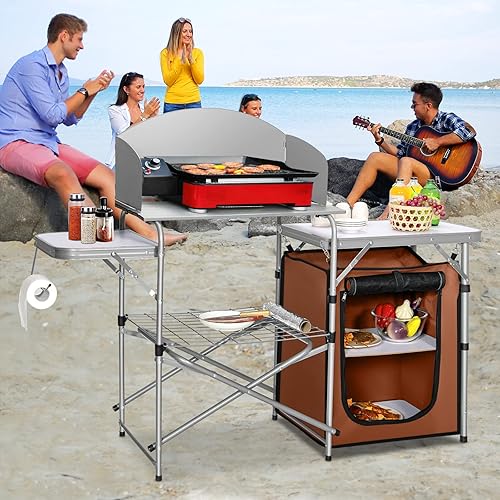 Miniatura 2 de GYMAX Cocina portátil de aluminio para acampar, mesa de cocina plegable con mesa de 26 pulgadas, parabrisas desmontable y bolsa de transporte, mesa