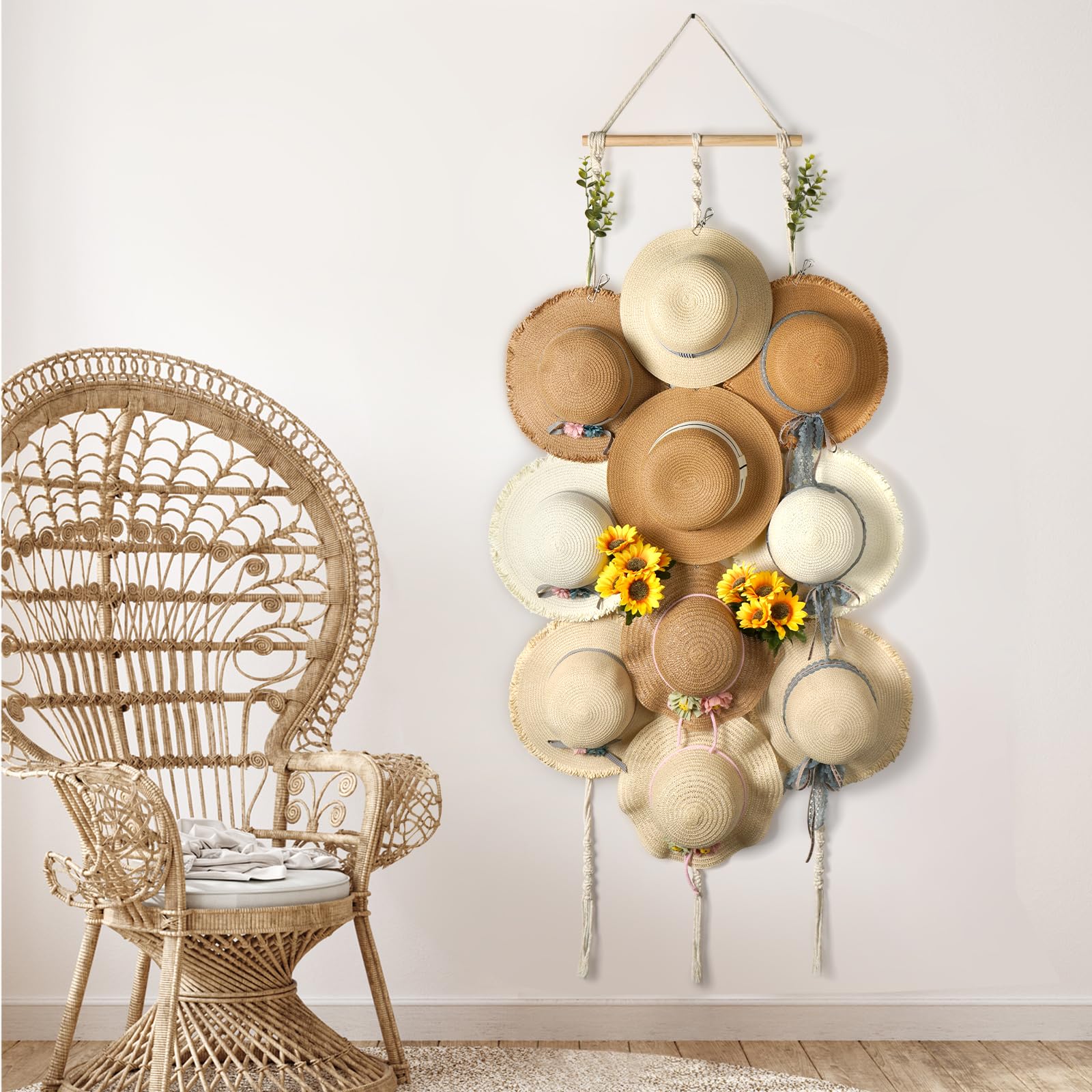 Gold Ring Triple Macrame Hat Holder Macrame Hat Hanger | Boho Rose 3-hat Driftwood Wall Decor - Etsy main image 4