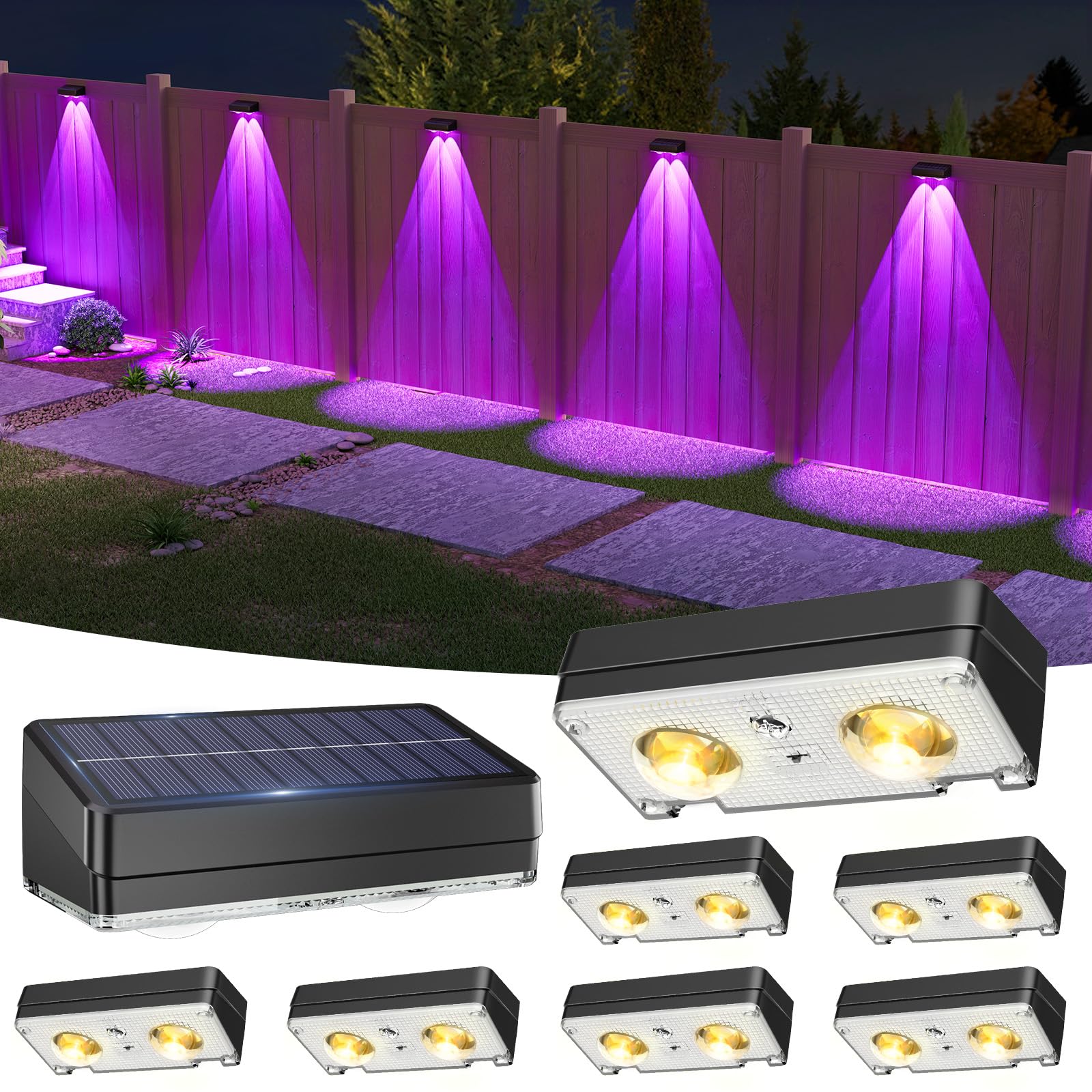VOLISUN Solar Fence Lights 8 Pack, Warm White, Cool White and RGB Color Glow LED Solar Lights, IP65 Waterproof Fence Solar Lights Outdoor for Patio, Backyard, Railing, Deck, Fence and Wall（Black）-image-33