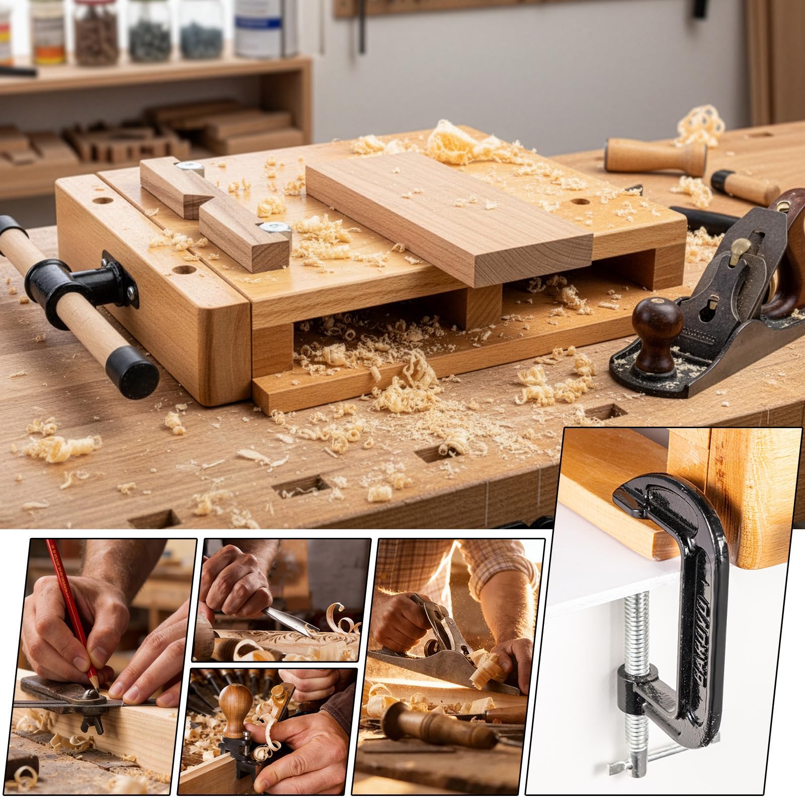 Tragbarer Tischschraubstock, Mini-Werkbank aus Buchenholz mit verstellbaren Spannbacken, mobiler Tischschraubstock 45 x 35 x 7 cm zum Hobeln und Spannen