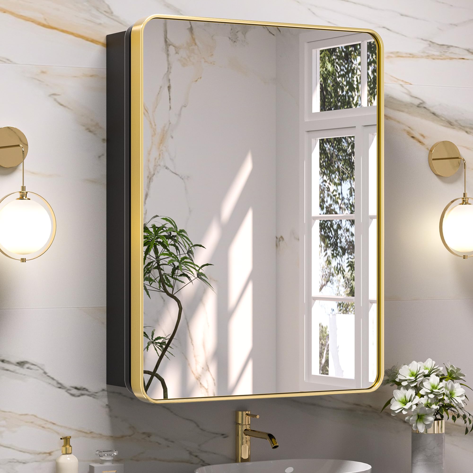 Keonjinn 24x32 Gold Medicine Cabinet Mirror, Stainless Steel Framed