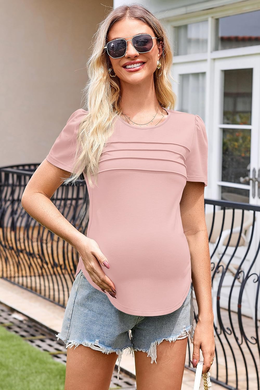 OUGES Womens 2026 Maternity Tops Shirts Pleated Short Sleeve Crew Neck Tunic Summer Casual Pregnancy Clothes - Image 3