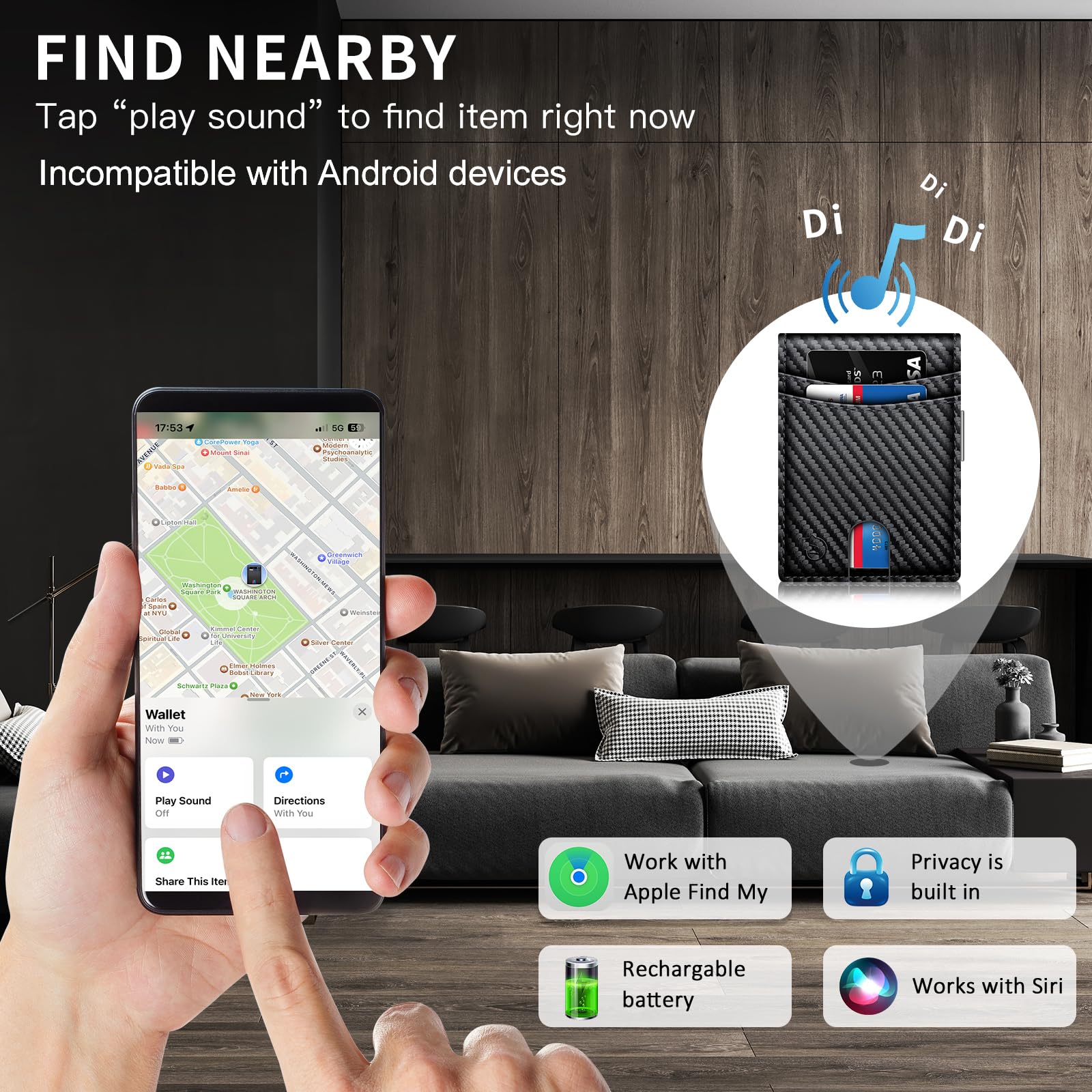 Mens Slim Wallet Tracker Work for Apple Find My (iOS Only) App,Smart Wallet for Men with Money Clip Bifold Credit Card Holder with Gift Box. (iOS, Carbon Black & Orange)