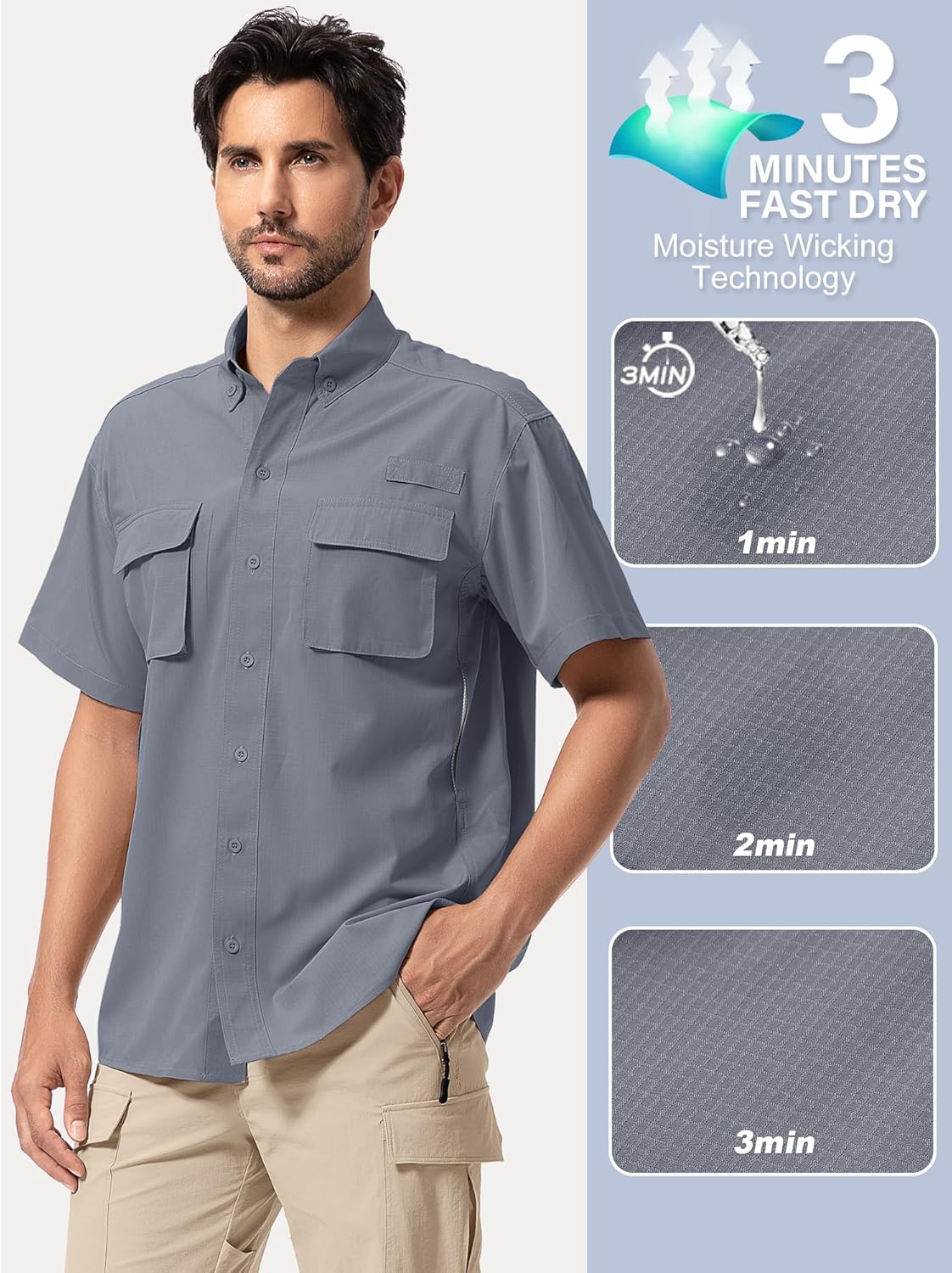 Mens UPF 50+ Sun Protection Short Sleeve Quick Dry Fishing Safari Hiking Shirt with Zipper Pocket Lightweight Cooling - Image 6