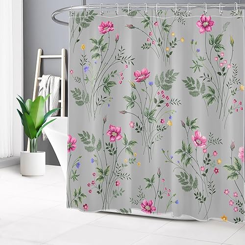 Miniatura 3 de Pink and Grey Shower Curtain for Bathroom Yellow Purple Wildflower with Green Leaf Botanical Bathroom Shower Curtains with Hooks, Farmhouse Plant