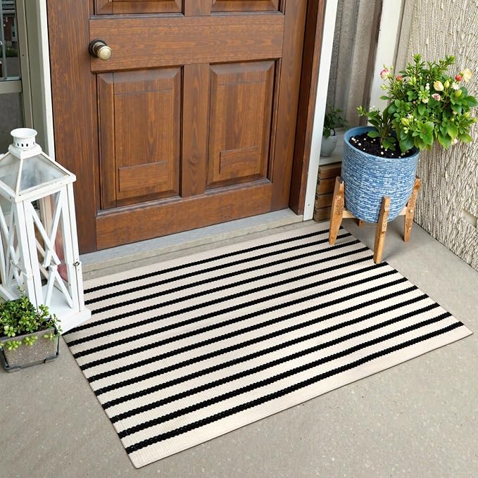 Black and White Striped Door Mat 24"x35"
