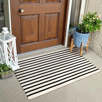 Collive Black and White Striped Door Mat 24"x35", Cotton Hand Woven Welcome Entryway Rug,Washable Small Porch Fall Decor, Welcome Door Mat for Indoor Outdoor Kitchen Farmhouse Entrance