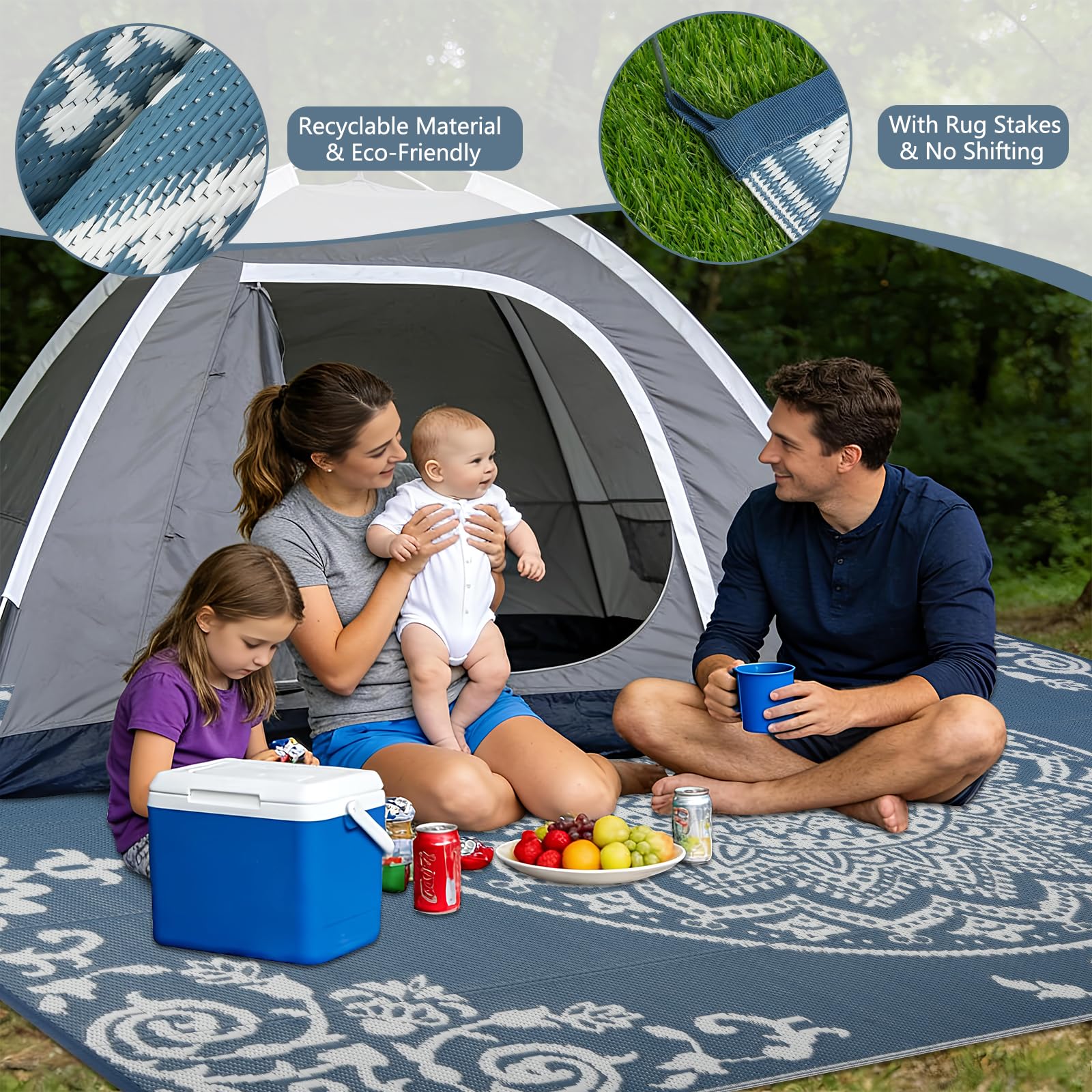 Homcomodar Tapis Exterieur Resistant Pluie Réversible 180x270cm Tapis Exterieur Terrasse Tapisextérieur pour Balcon, Terrasse, Jardin, Camping, Pique-Nique（Bleu& Blanc ）