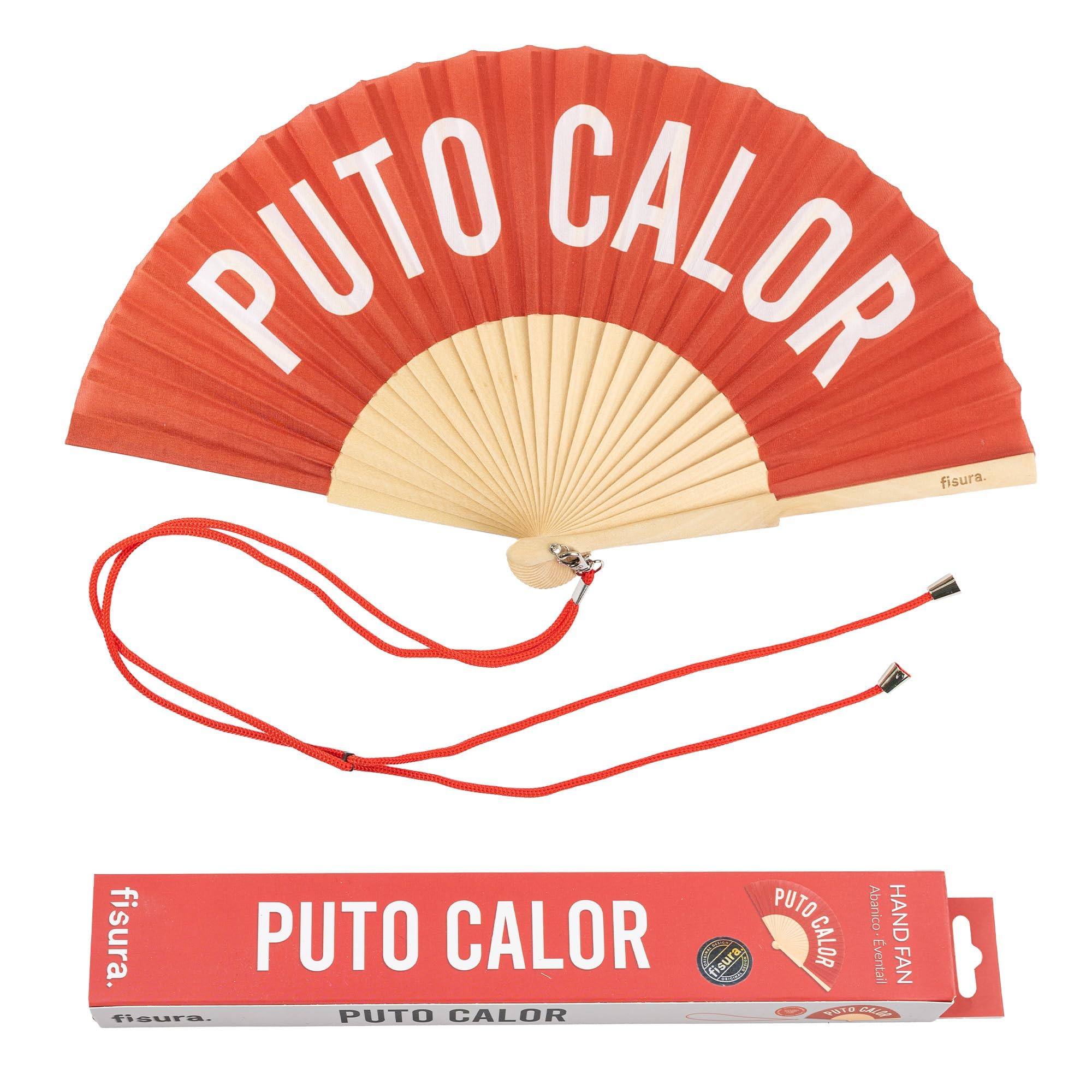 Fisura Put* Calor, Red - Original Handheld Folding Fan With The Message In Spanish. Wooden Fan. Original Holding Hand Fans. Fan With Hanger Included (Calor, Red)