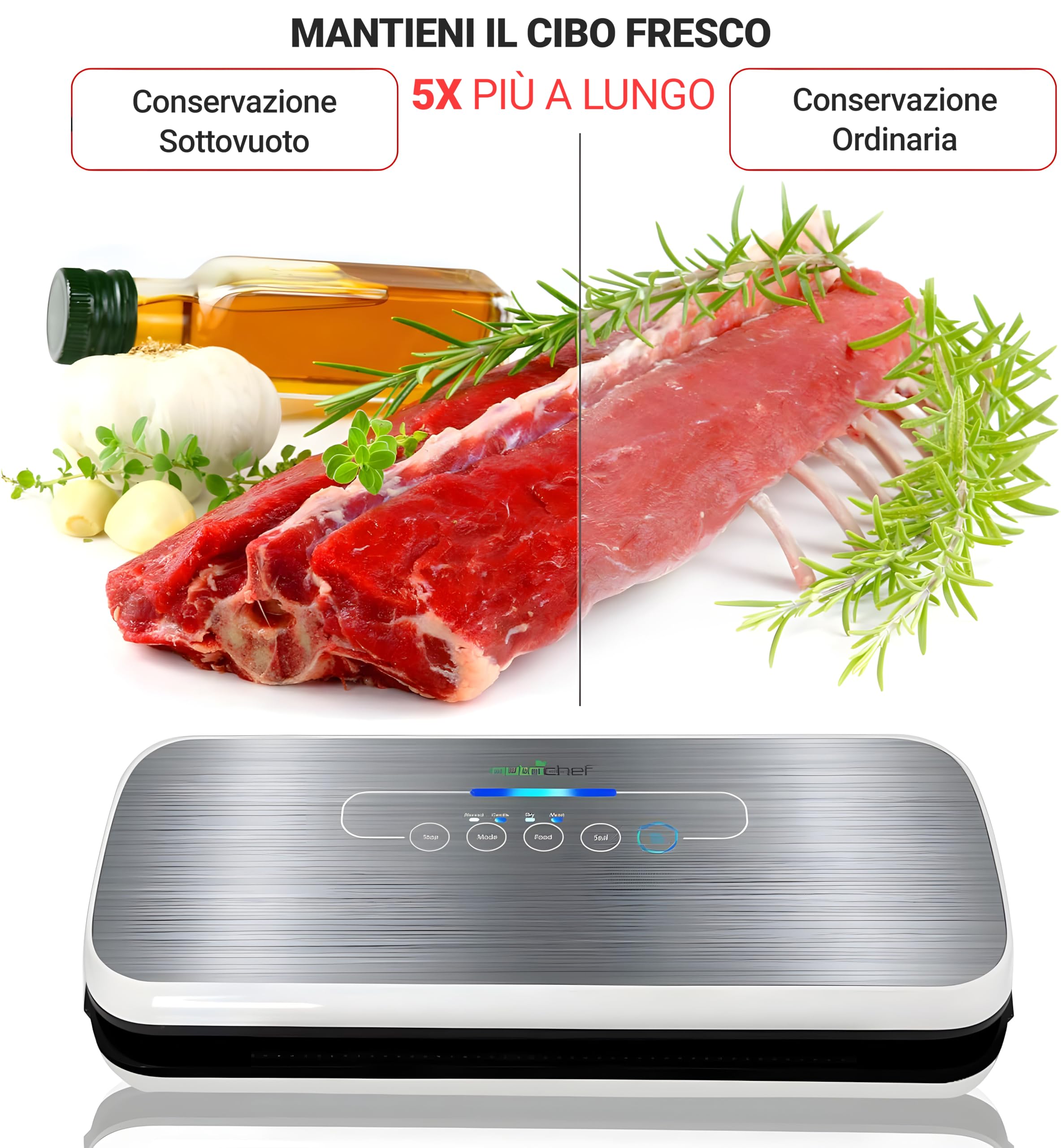Nutrichef Sottovuoto Automatico per Conservazione Alimenti, Sistema di Chiusura ad Aria, con Starter Kit, Design Compatto, Modalità Secco/Umido, Indicatore LED, Colore Argento