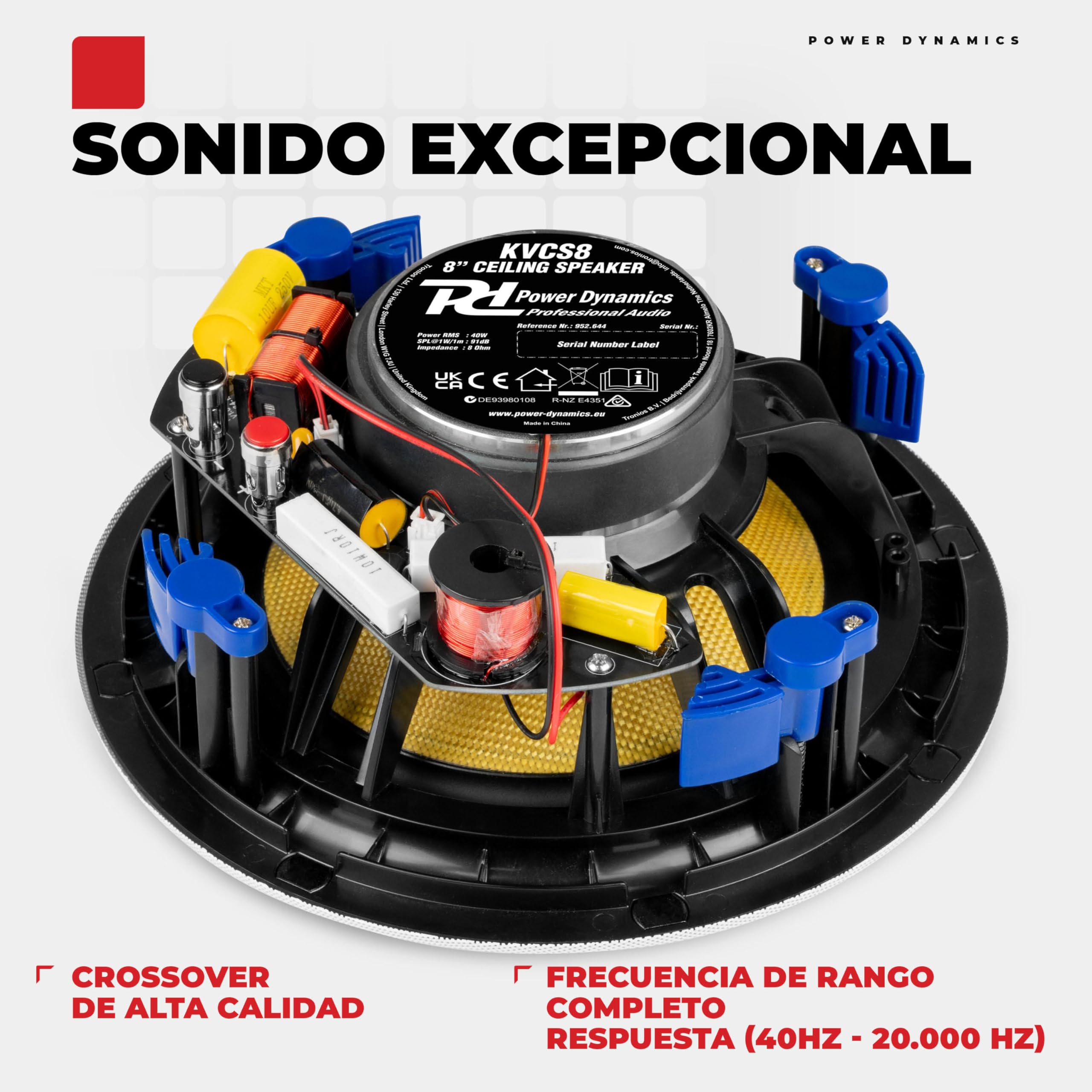 Power Dynamics KVCS8 Altavoz de Techo 8 Pulgadas 80W 8 Ohm 2 vías coaxial IP44 Resistente Humedad Rejilla magnética Blanca woofer Amarillo Tweeter Seda inclinable Sonido HiFi