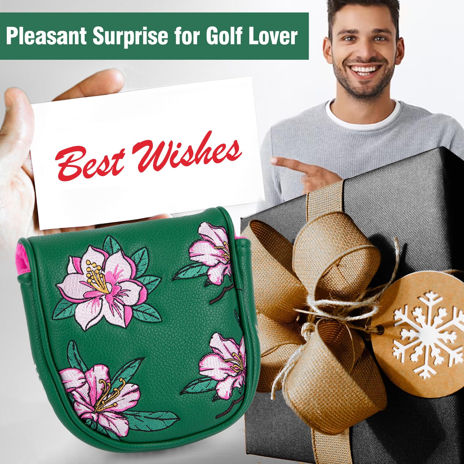 Golf Putter Covers DF3 Putter Headcover Azalea Embroidery Mallet Putter Covers with Magnetic Closure Fit Lab DF3 Putter, Green