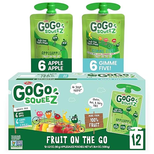 GoGo squeeZ Fruit on the Go - Paquete variado de manzana y Gimme Five!, 3.2 onzas (12 bolsas) - Tasty Kids - Snacks de puré de manzana sin gluten