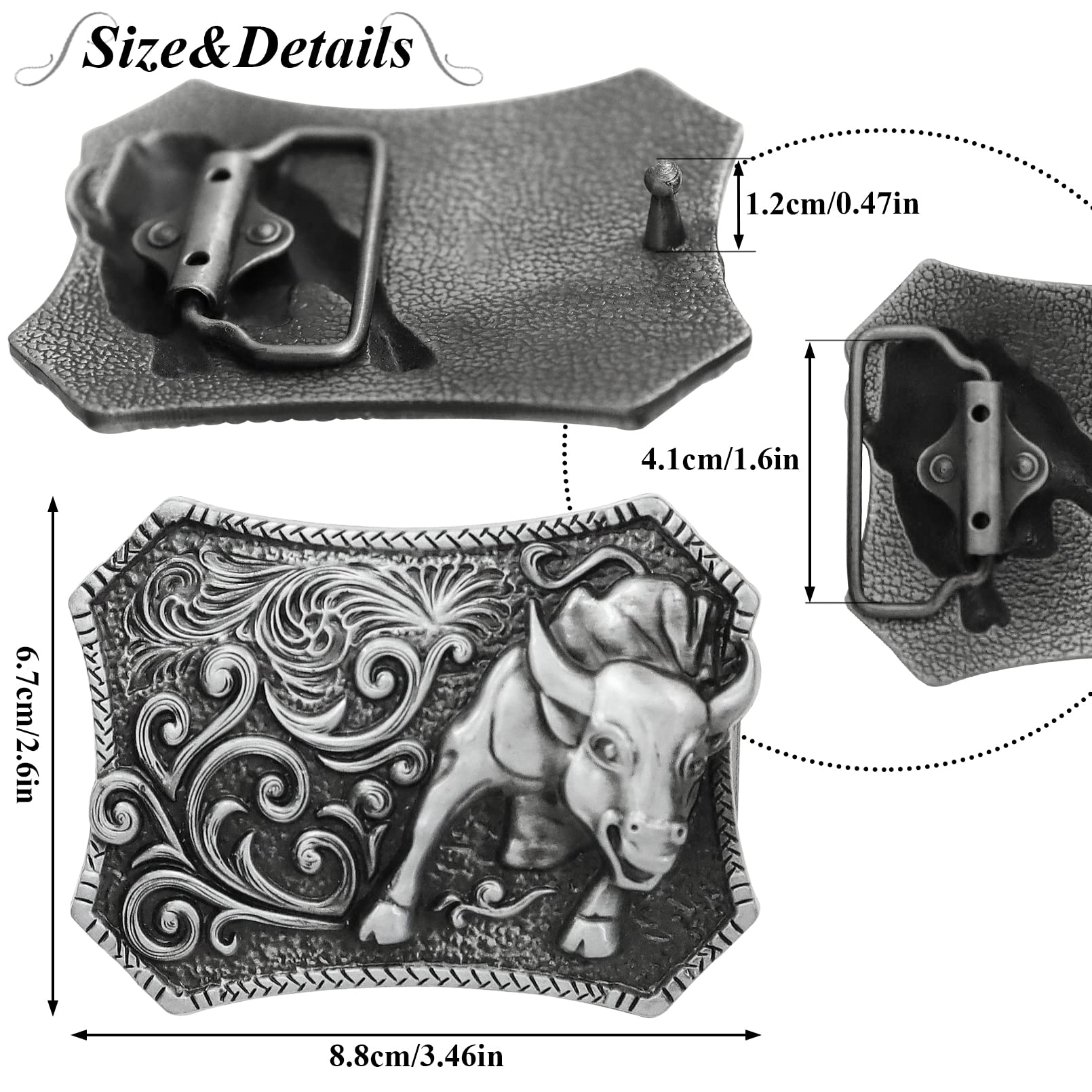 RechicGu Western Belt Buckle 3D Engraved Long Horn Bull Cowboy Texas Rodeo Belt Bukles for Men Women Silver