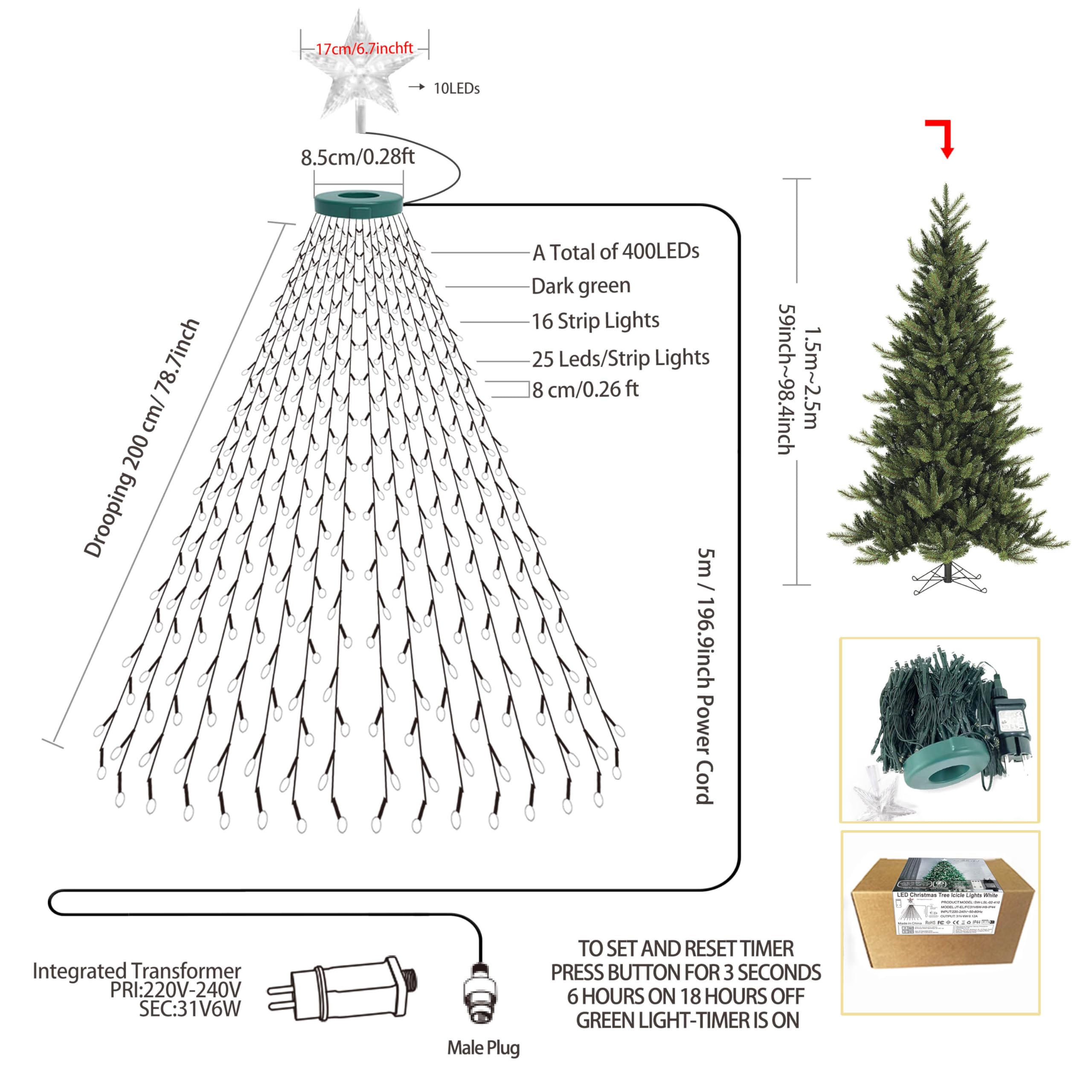 Catena di luci per albero di Natale con stelle, 410 LED, illuminazione natalizia, rete luminosa con telecomando, 2 m, luce per albero di Natale con anello per interni ed esterni, bianco freddo