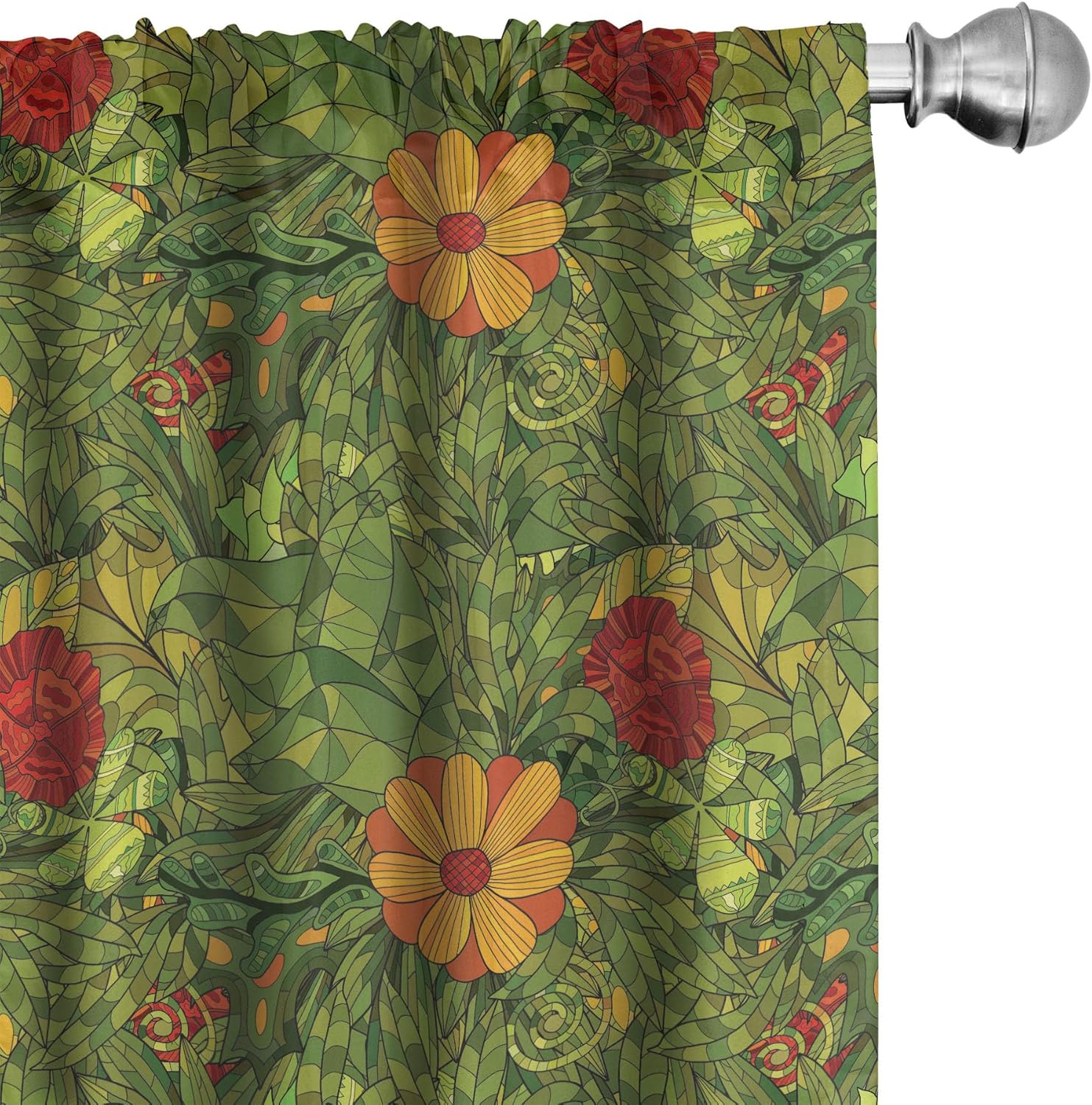 Ambesonne Floral 2 Panel Curtain Set, Funky Flower Foliage Bush with Fractal Retro Jungle Art Design, Lightweight Window Treatment Living Room Bedroom Decor, Pair of - 28" x 95", Olive Green