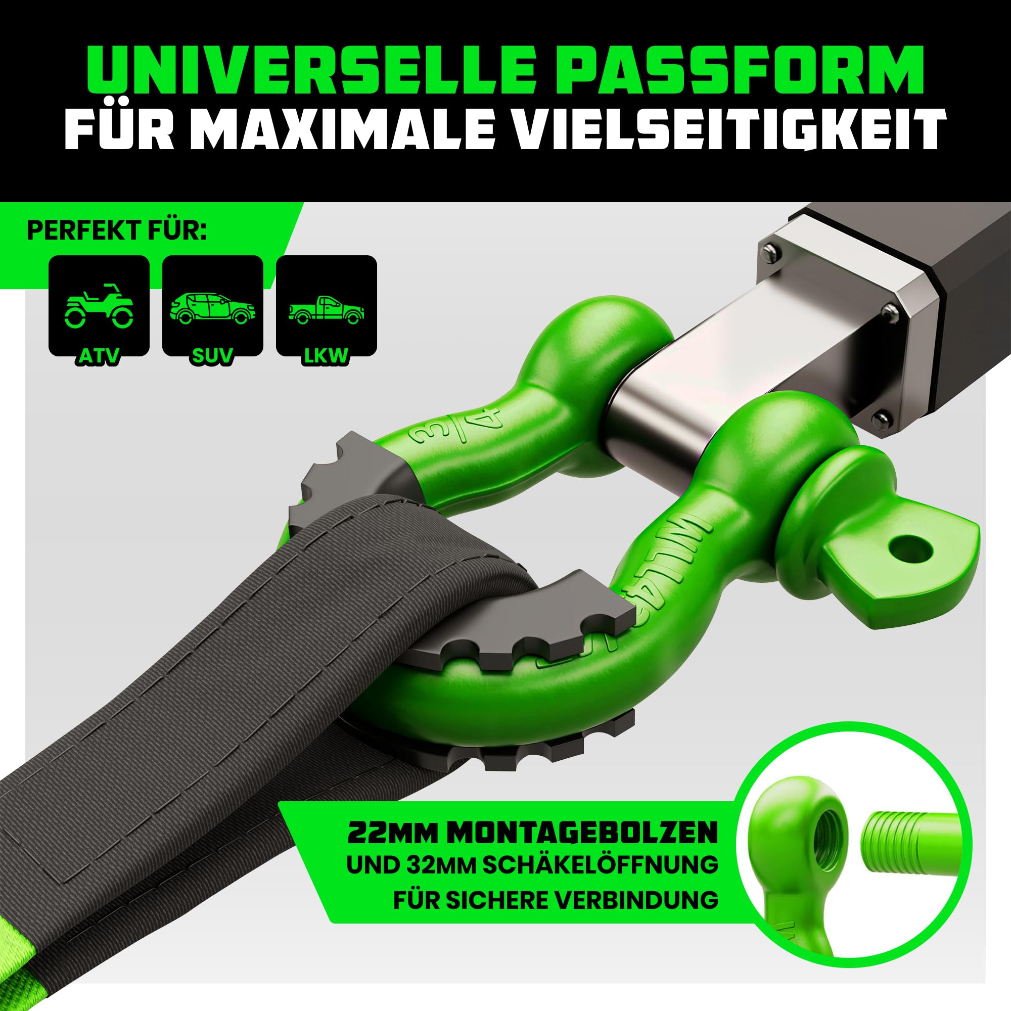 Rhino USA D-Ring Schäkel (2 Stück) – 18.983kg Bruchfestigkeit – Schwerlast 1,9 cm Augbolzen Schäkeln mit 2,2 cm Bolzen für Abschlepp und 4X4 Einsatz – Paar mit Abschleppgurt für Fahrzeugbergung (Grün)