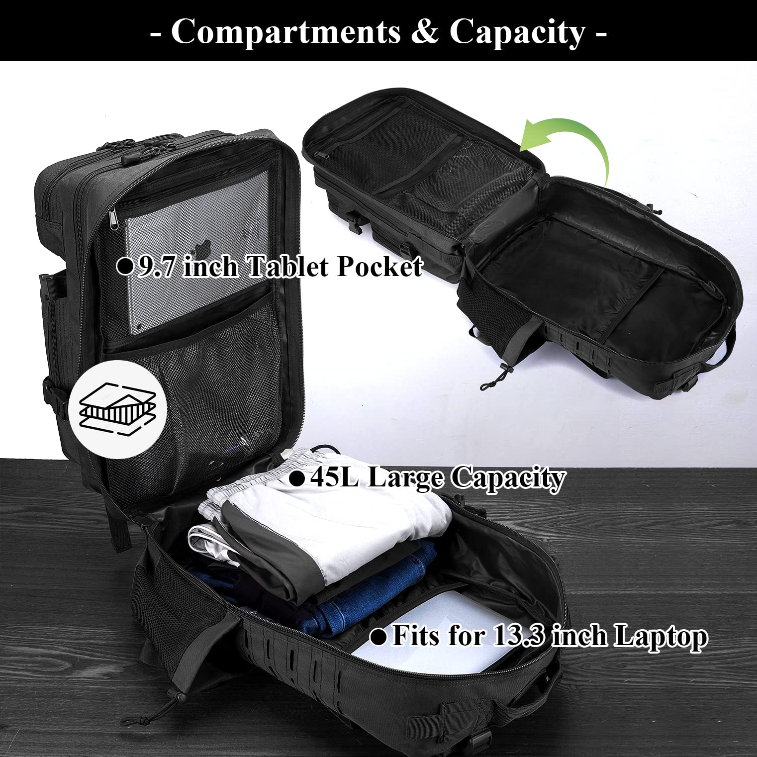 BAGZY Sac à dos Tactique Militaire 45L Etanche Randonnée Oxford 50x30x30cm Noir