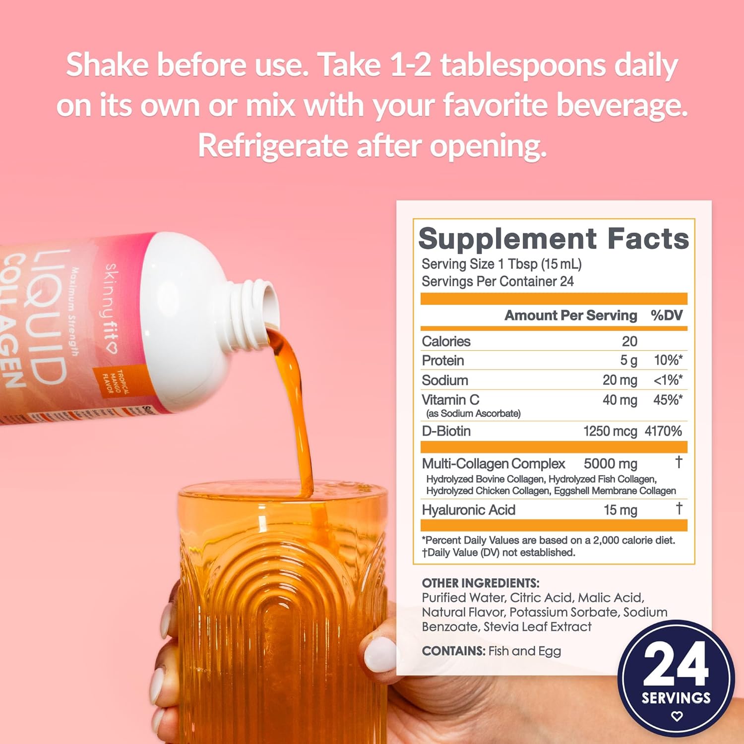 SkinnyFit - Liquid Collagen, Tropical Mango (24 Servings) - Multi Collagen Peptides - D-Biotin, Hyaluronic Acid, Vitamin C - Non GMO, Gluten Free - Dairy & Sugar Free - Body & Skin Care - 12.2 fl oz - Image 4