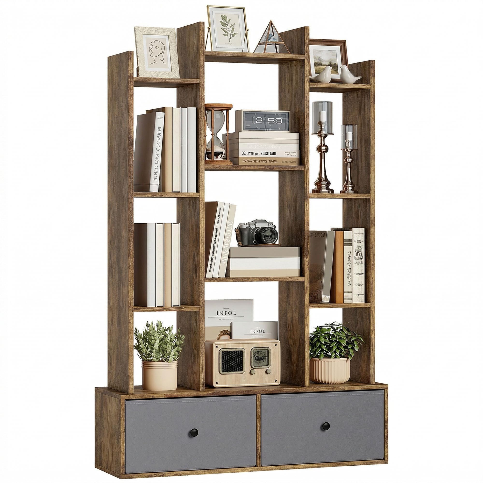 HOMCOM 12-Tier Bookshelf, Bookcase w/ 2 Folding Drawer, Rustic Brown | Size: 120cm x 80cm