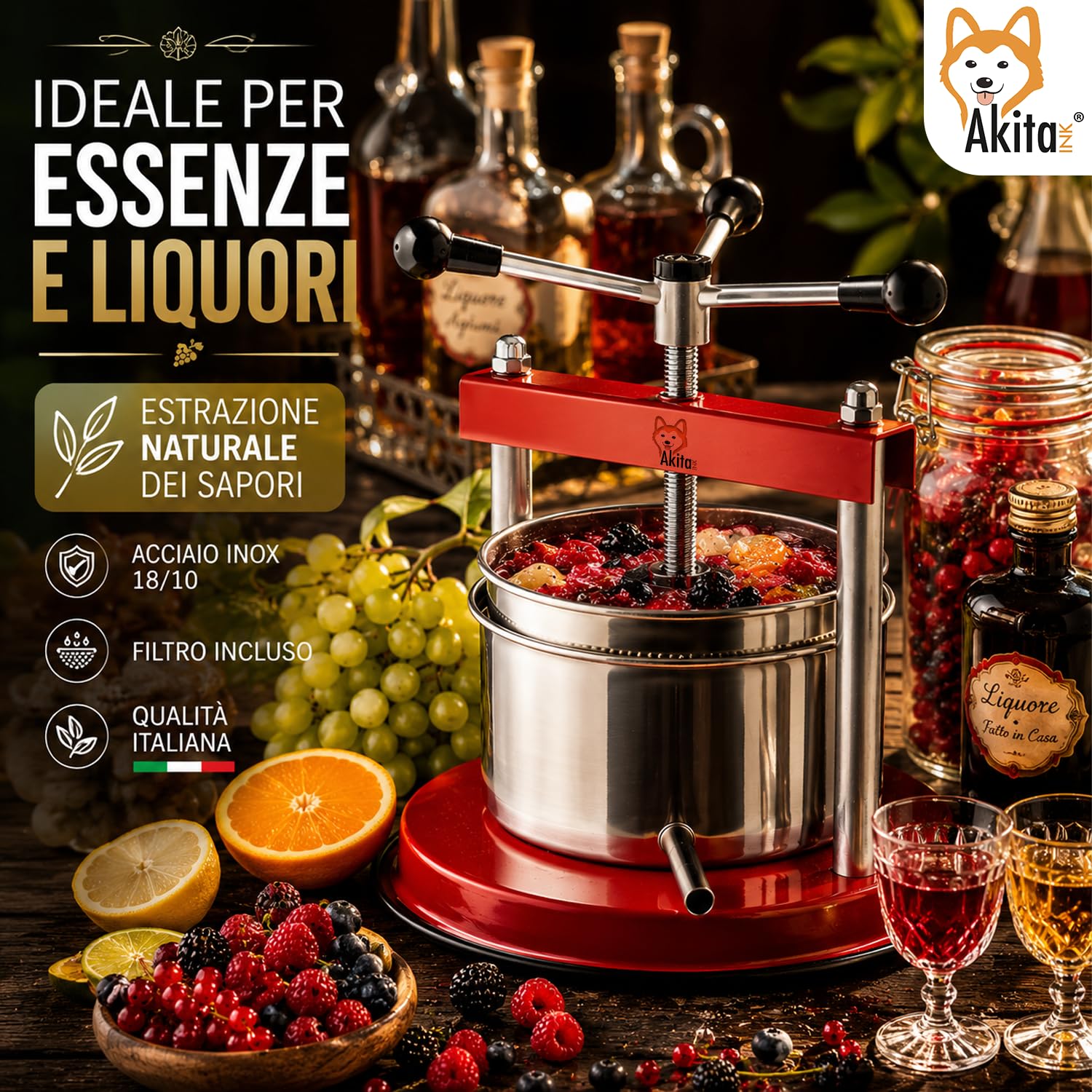 Akitaink Torchietto Manuale da Cucina 12 cm 1,75 L, Pressa con Bicchiere e Filtro in Acciaio Inox per Sottolio, Sottaceto, Carne e Frutta