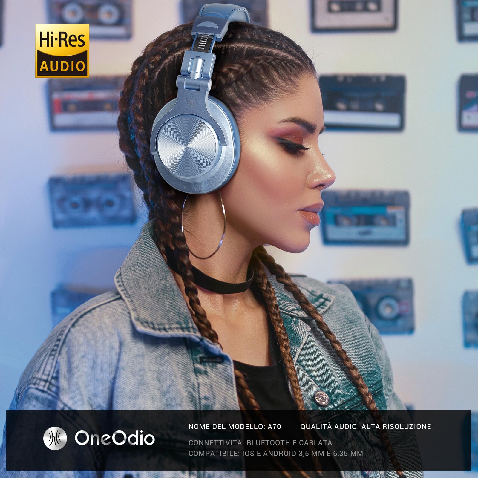 OneOdio A70 Cuffie Bluetooth Over Ear, Cuffie Cablate e Wireless Cuffie Stereo con Microfono, 72 Ore di Riproduzione, CVC 8.0, Jack 3,5 e 6,35 mm, Pieghevole/per DJ/Chitarra/Cellulare/PC (Blu)