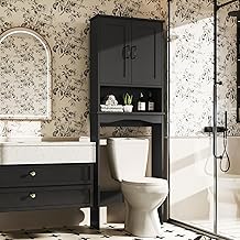 ROOMTEC Over The Toilet Storage Cabinet with Adjustable Shelf and Double Doors, Freestanding Bathroom Cabinet Organizer with Open Shelf, Home Space-Saving Toilet Rack for Restroom, Laundry, Black