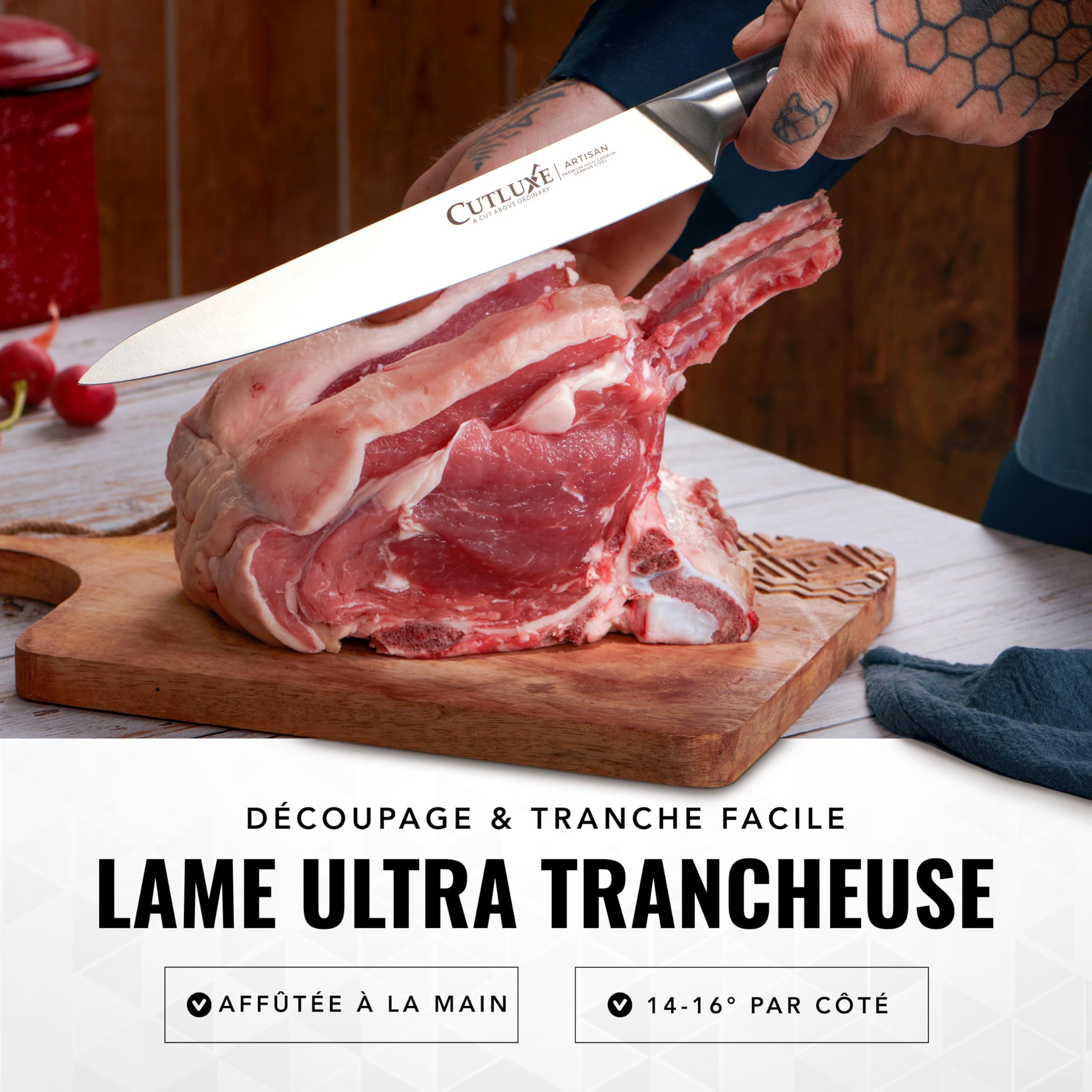 Cutluxe Set 5 Couteaux de Cuisine – Acier Allemand, Ultra Tranchant | Pleine soie et poignées ergonomiques; lames en carbone pour chef, légumes et viande; coffret garantie à vie