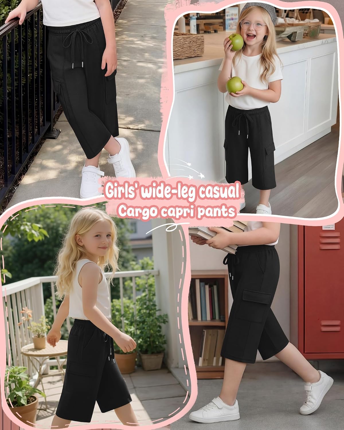 Girls Capri Cargo Pants Summer Teen Kids Drawstring Cropped Sweatpants Shorts Casual Wide Leg 3/4 Pants with Pocket