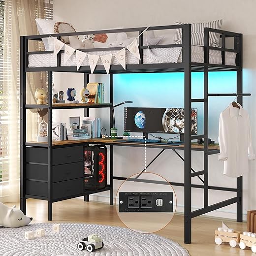 DICTAC Twin Metal Loft Bed with Desk