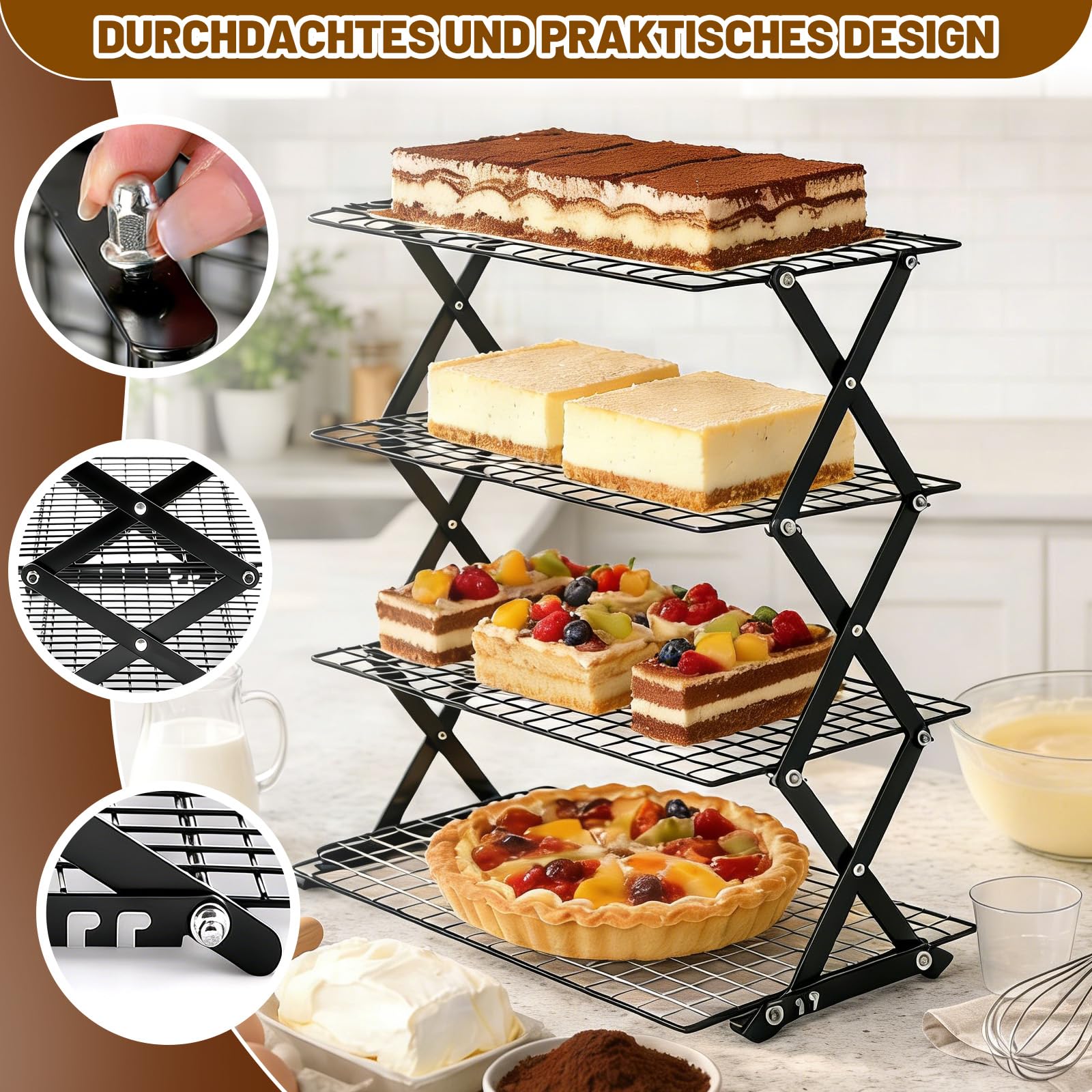 Grille de refroidissement empilable à 4 étages - Grille de refroidissement pour la cuisson et la pâtisserie - 40 x 25 x 46 cm - Noir