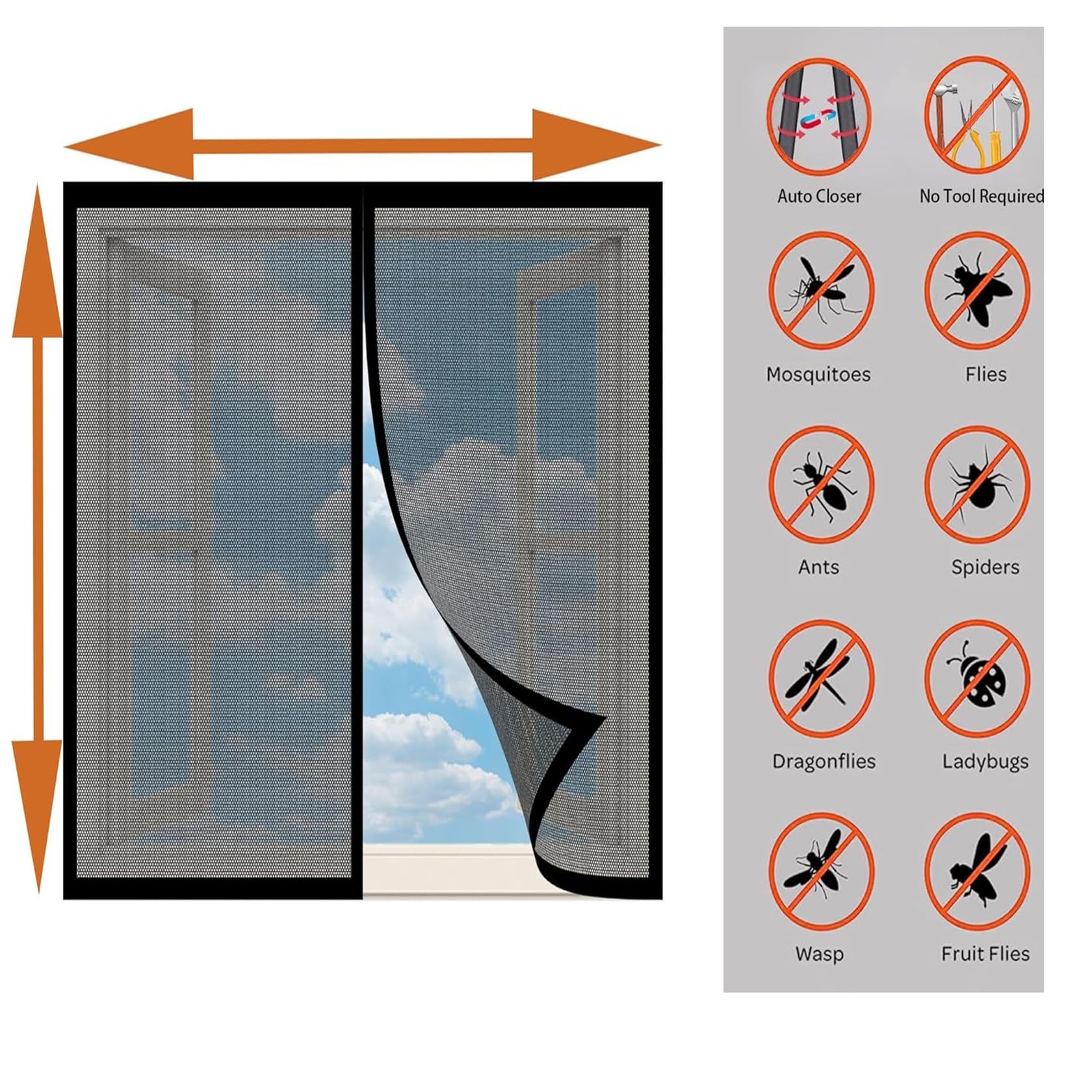 Fliegengitter Fenster Magnet 200 x 170 cm mit Starken Magnete Waschbares Insektenschutzgitter Terrassentür für Balkonfenster Wohnzimmer, Schwarz