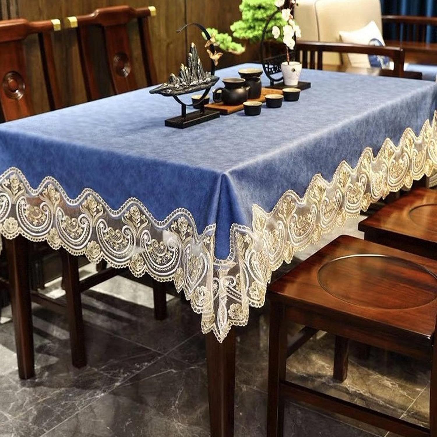 Waterproof Dining Tablecloth PU Leather European Style Lace Trim Table Mat No-Wash Required Rectangle Table Cloth for Dining Table Party Kitchen