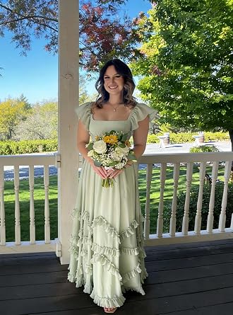 Tiered Chiffon Bridesmaid Dresses for Women with Slit Square Neck A Line Long Formal Maxi Dress